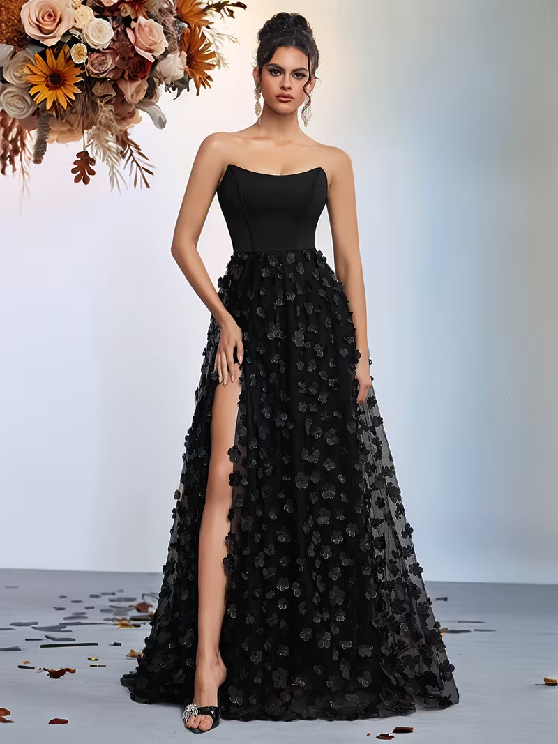 Black Chiffon Applique Gown