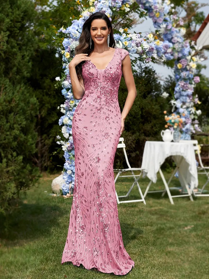 Sleeveless V-Neck Sequin Gown in Pink