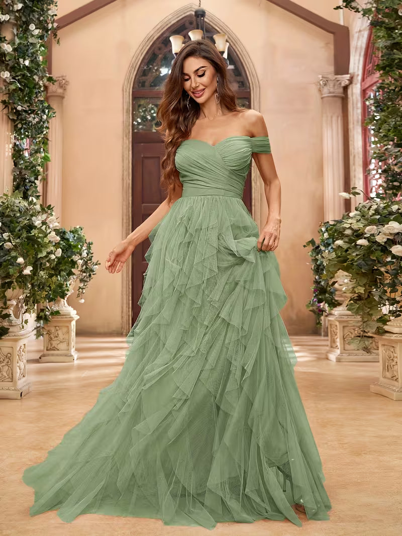 Off the Shoulder Ruffled Tulle Dress in Soft Green
