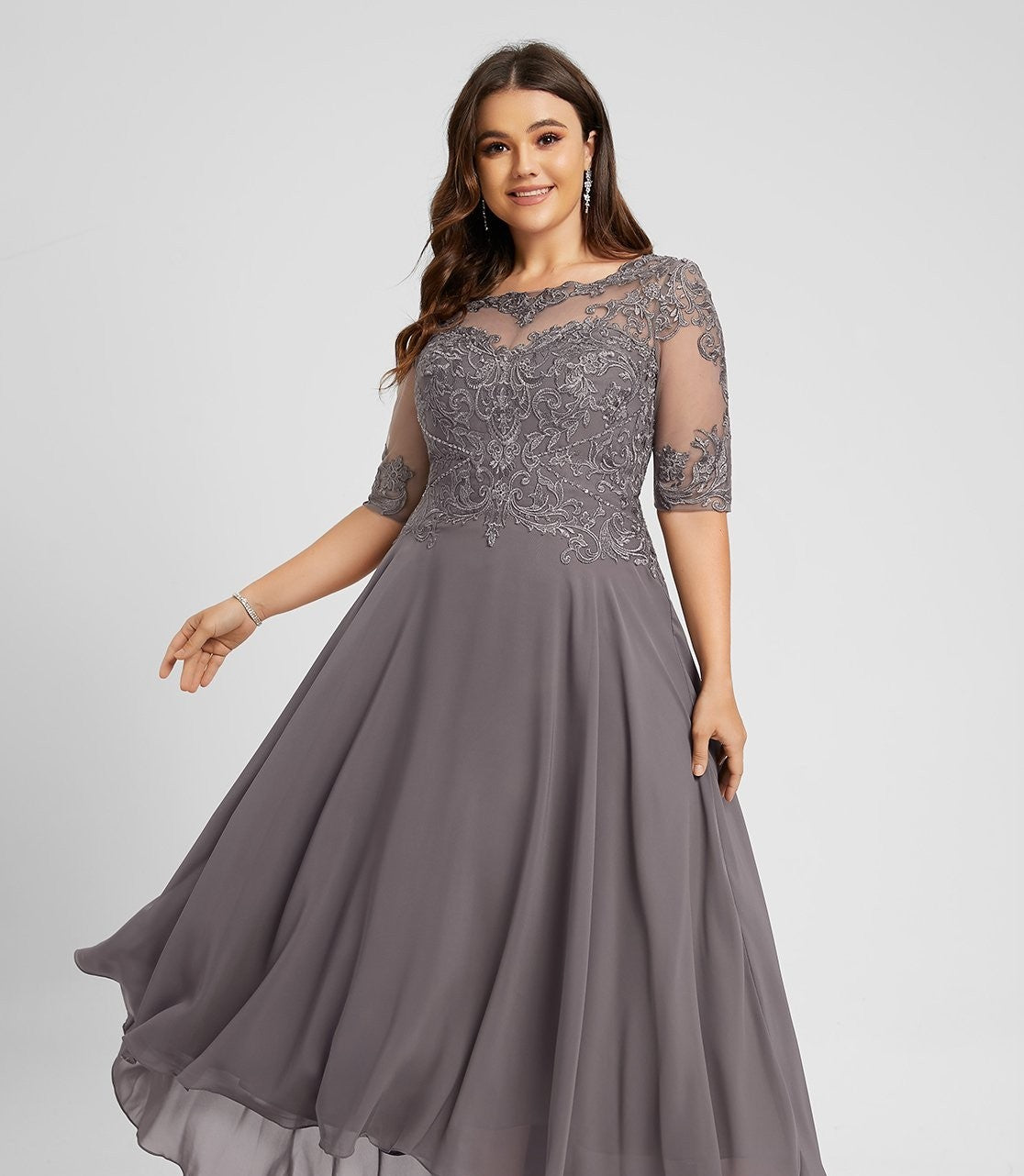 A-line Illusion Boat Neck Asymmetrical Chiffon Lace Mother of the Bride Dress With Sequin Beading