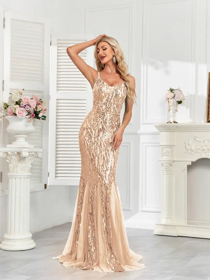 Stunning Sequin Mesh Gown in Champagne