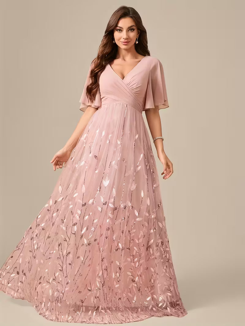 Chiffon & Mesh Leaf Print Gown
