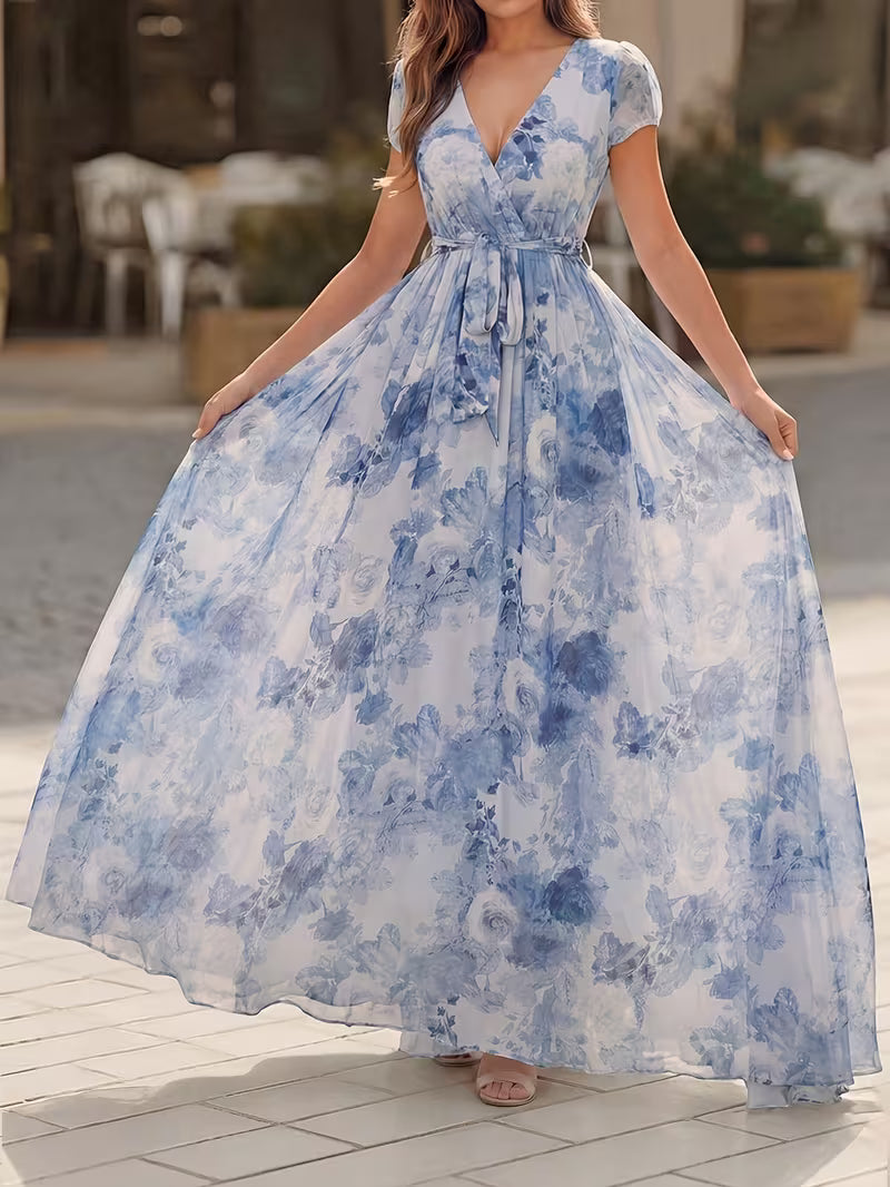 Floral Chiffon Maxi Dress in Bright Steel Blue