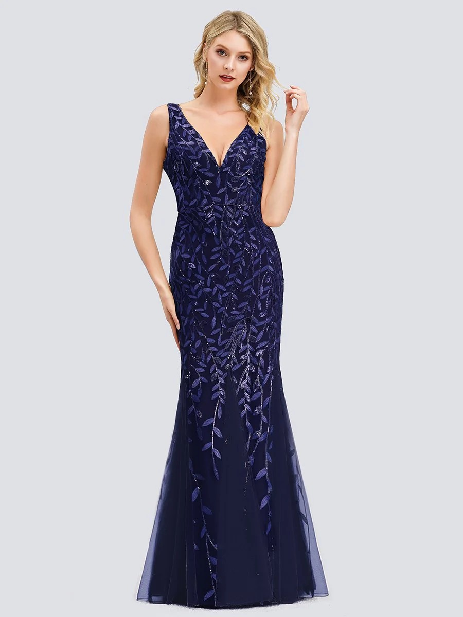 Navy Sequin Fishtail Gown