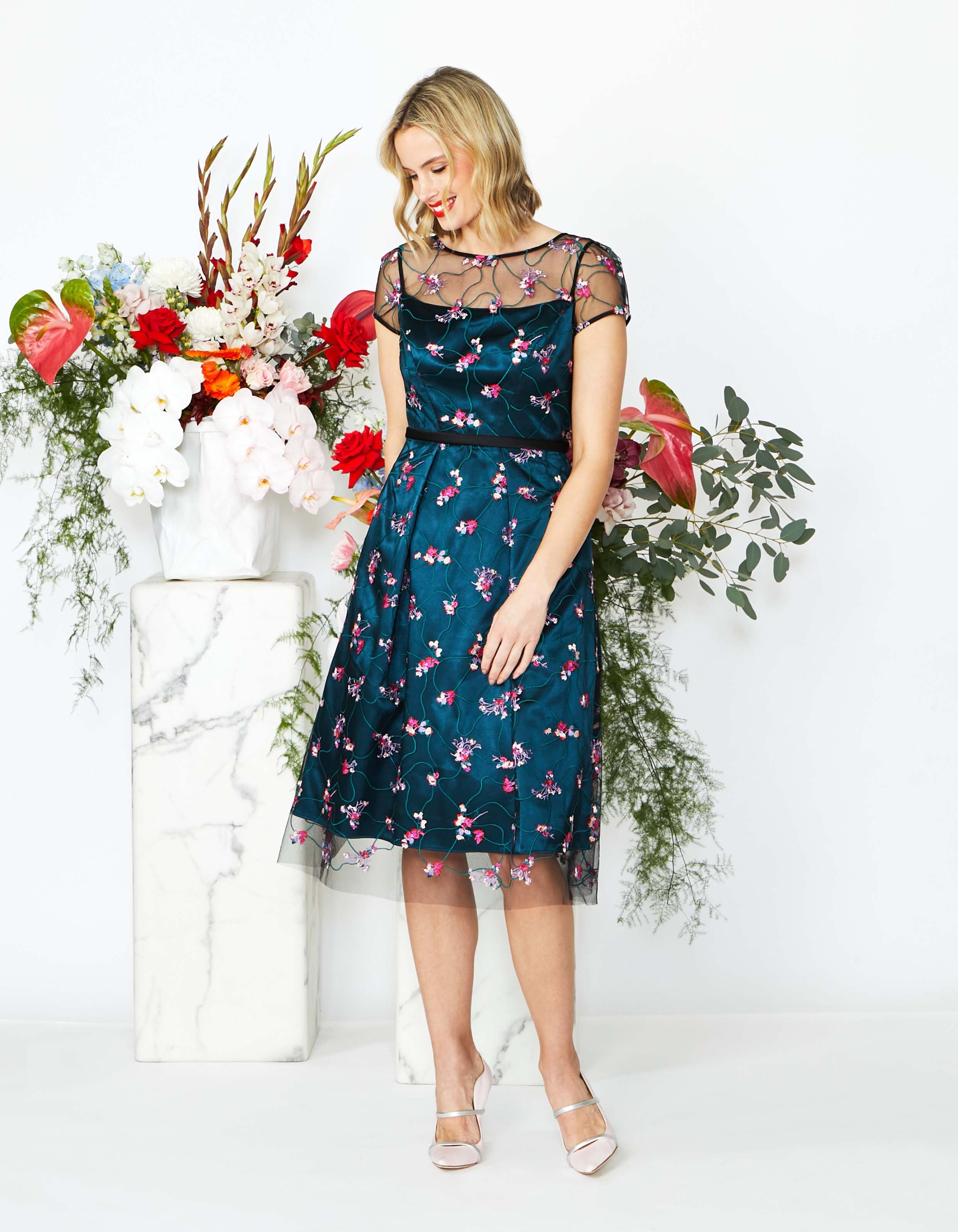 Emerald Green/Multi Embroidered A-Line Dress