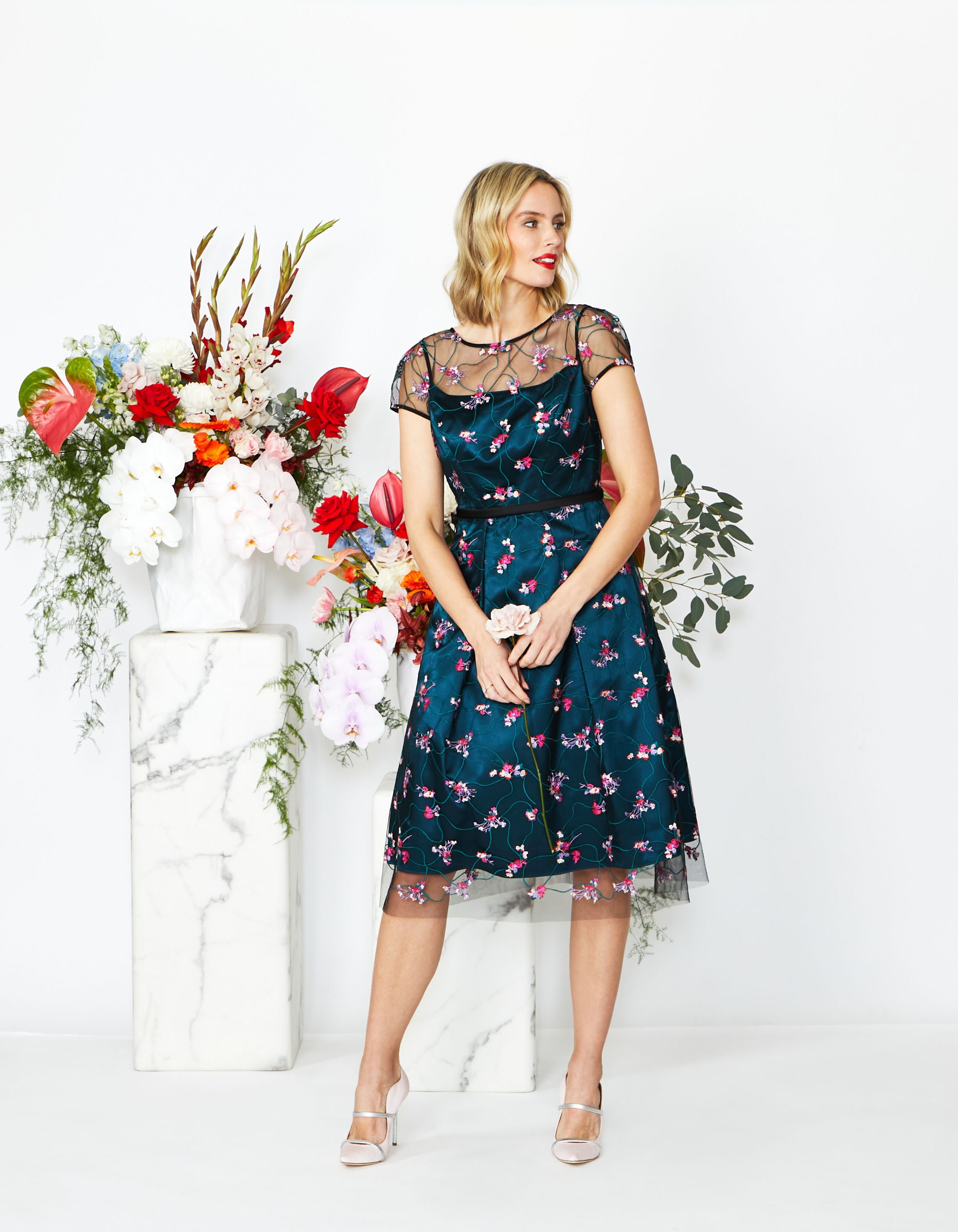 Emerald Green/Multi Embroidered A-Line Dress