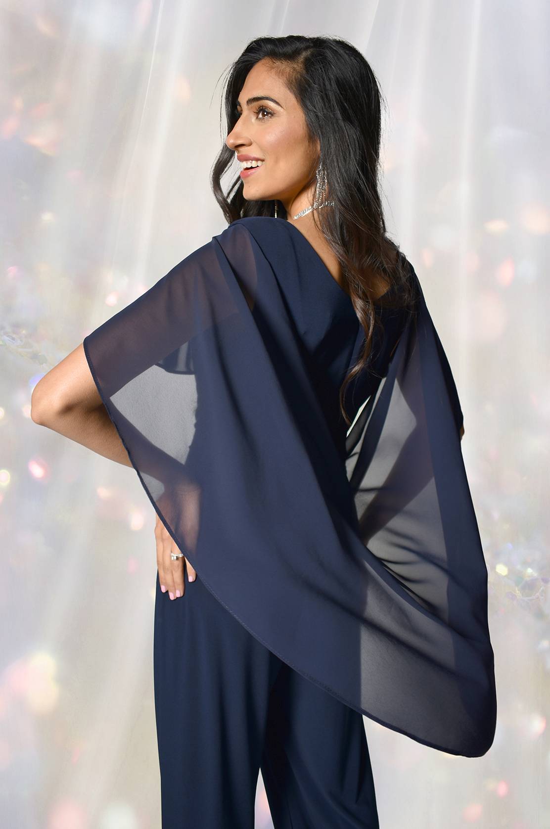 Navy Chiffon and Silky Knit Jumpsuit in Navy 228161