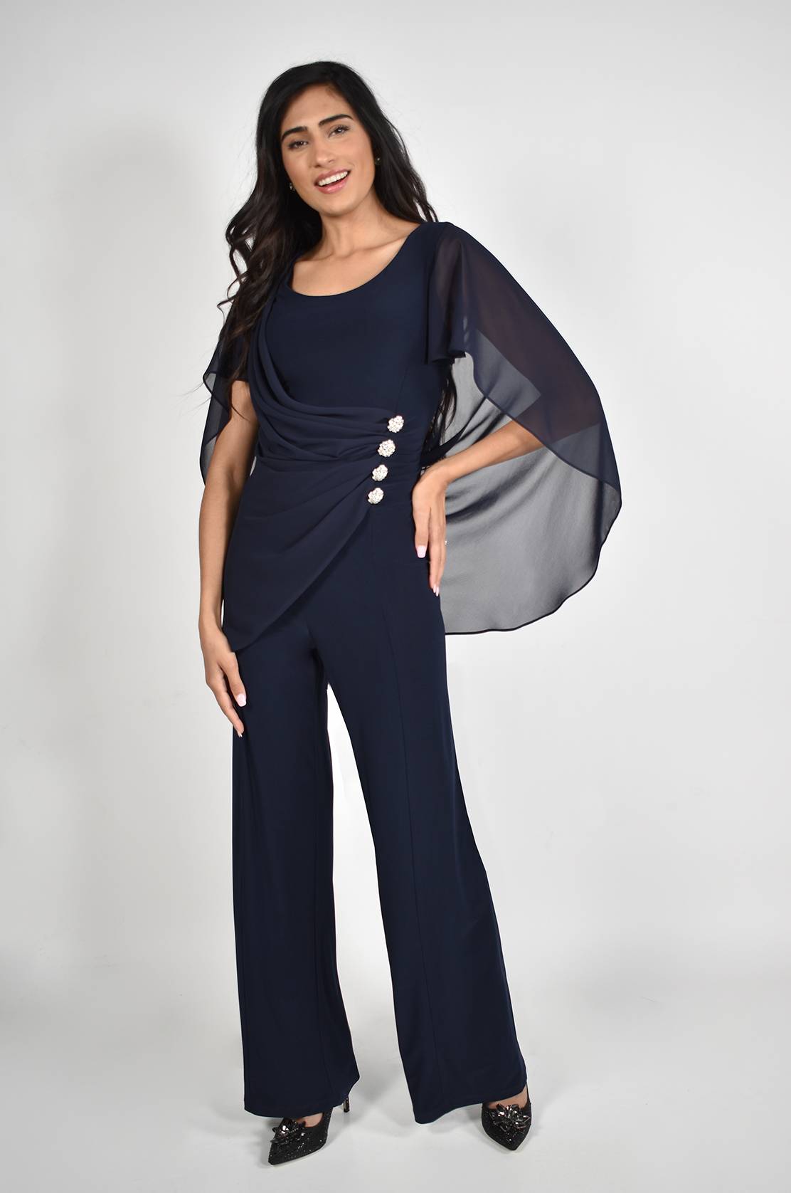 Navy Chiffon and Silky Knit Jumpsuit in Navy 228161