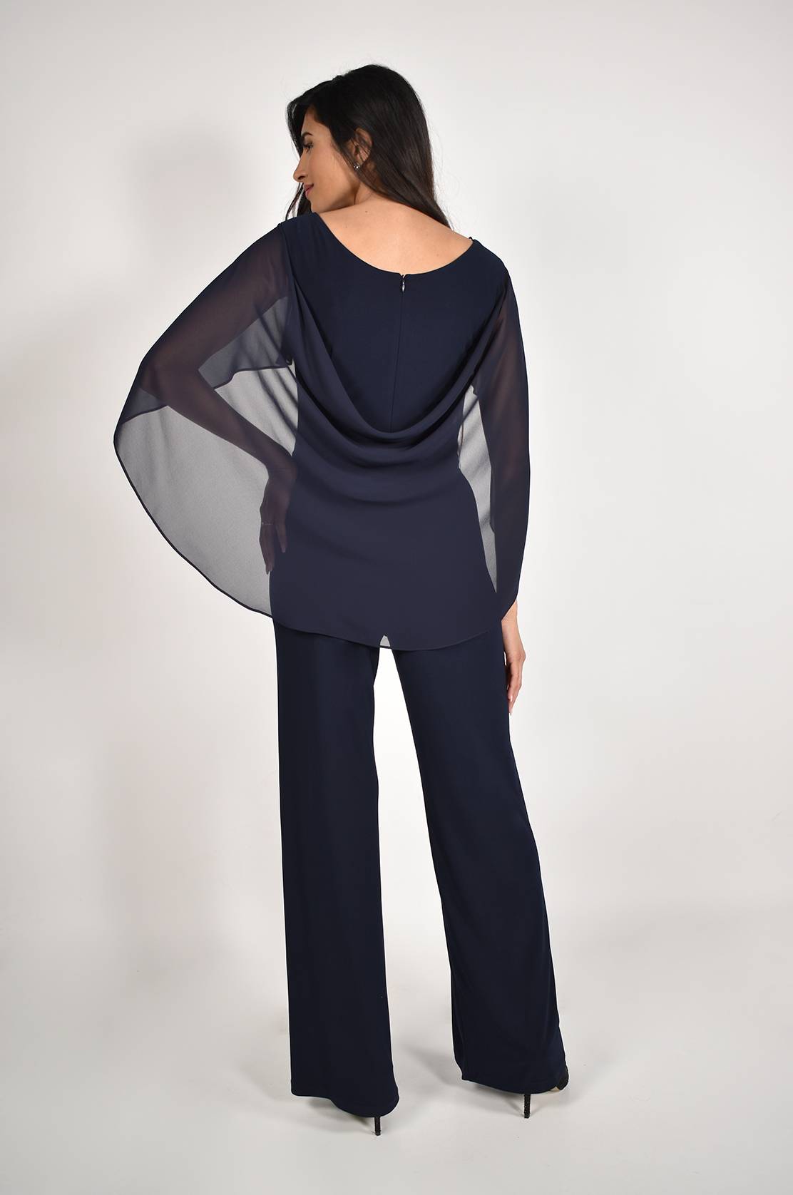 Navy Chiffon and Silky Knit Jumpsuit in Navy 228161
