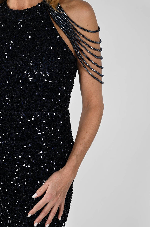 Navy Sequin Dress with Waterfall Beading 239812