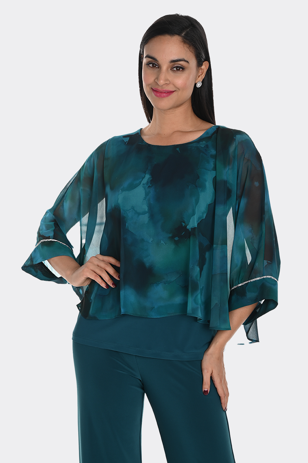 Elegant Cape Chiffon Top in Teal Print 249207