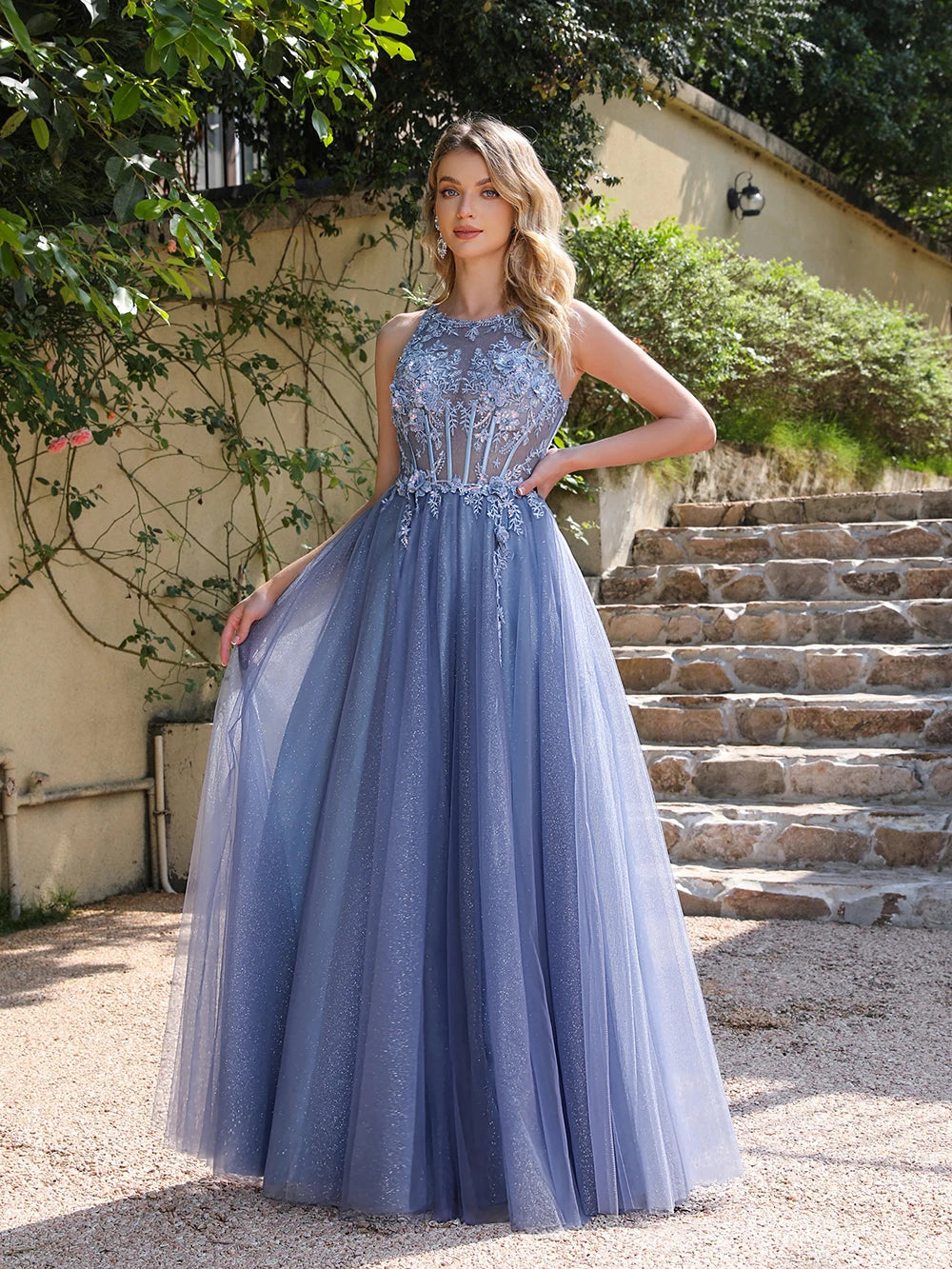 Tulle A-Line Ball Dress in Dusky Blue