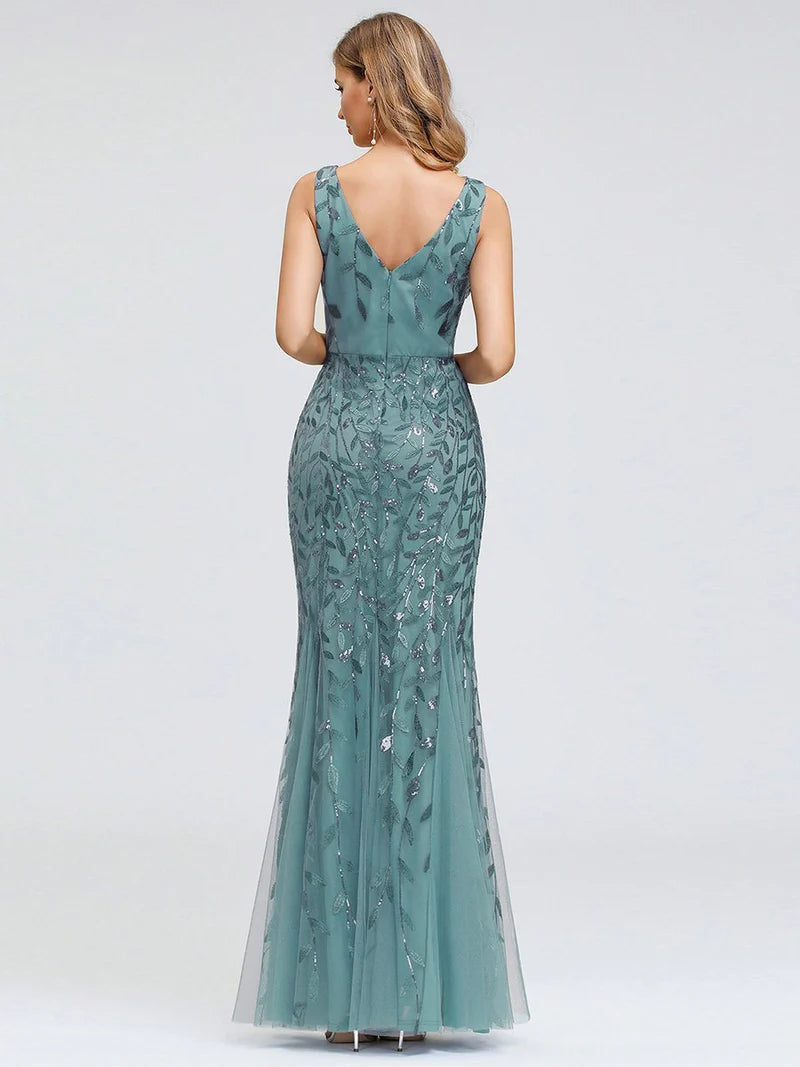 Sequin Fishtail Gown in Dusty Blue