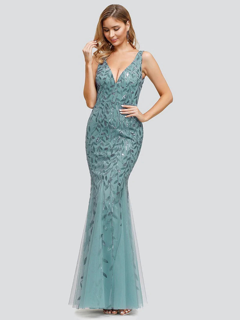 Sequin Fishtail Gown in Dusty Blue