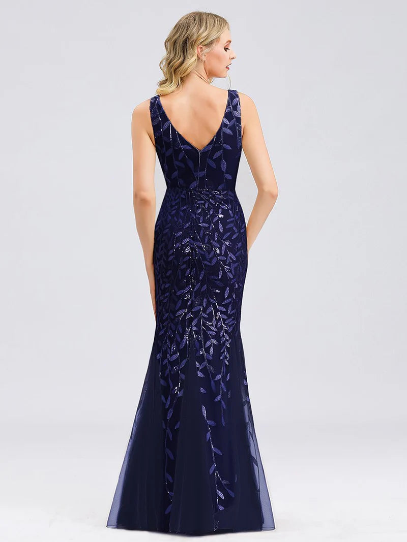 Navy Sequin Fishtail Gown