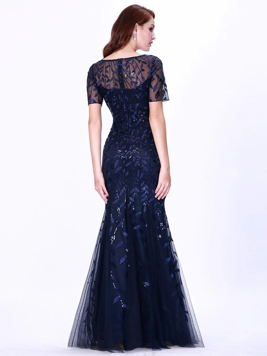 Sequin Fishtail Tulle Gown in Navy