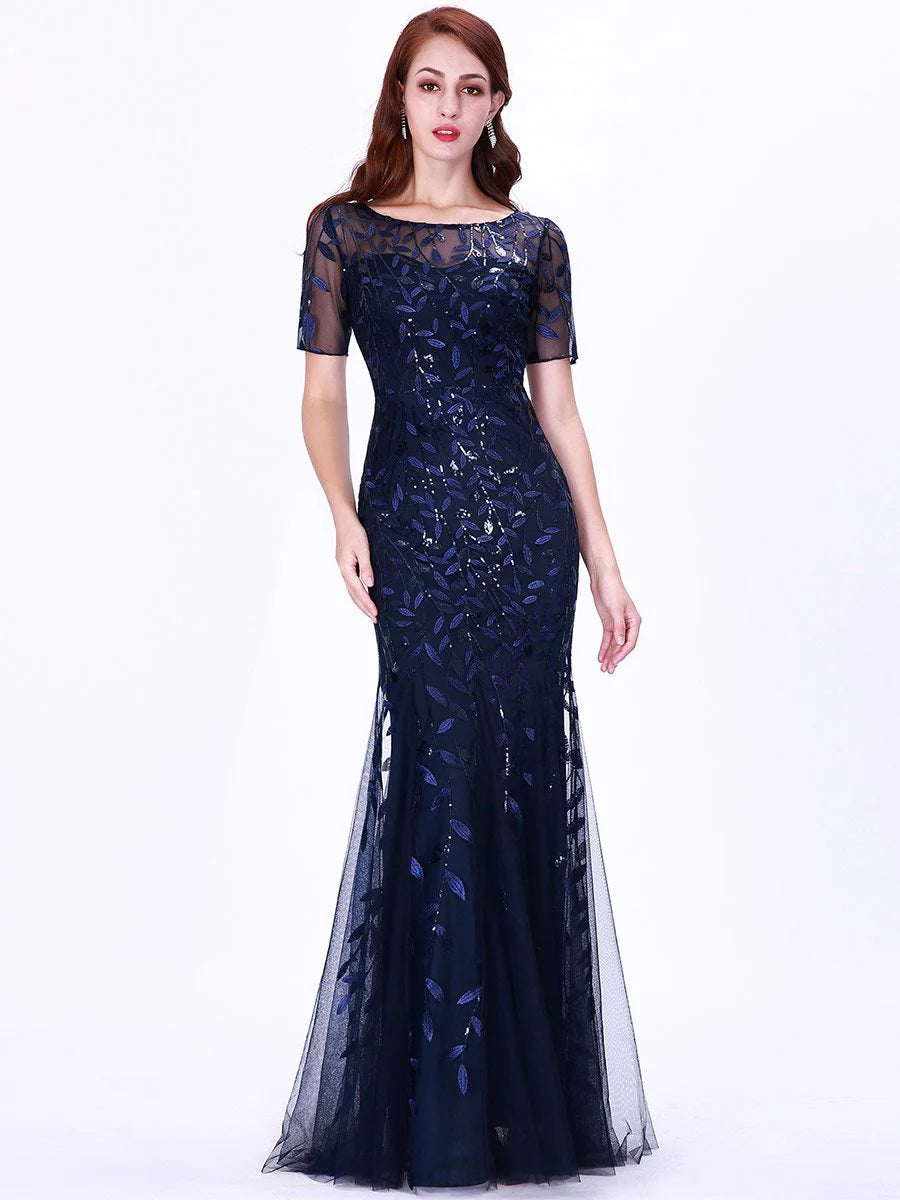 Sequin Fishtail Tulle Gown in Navy