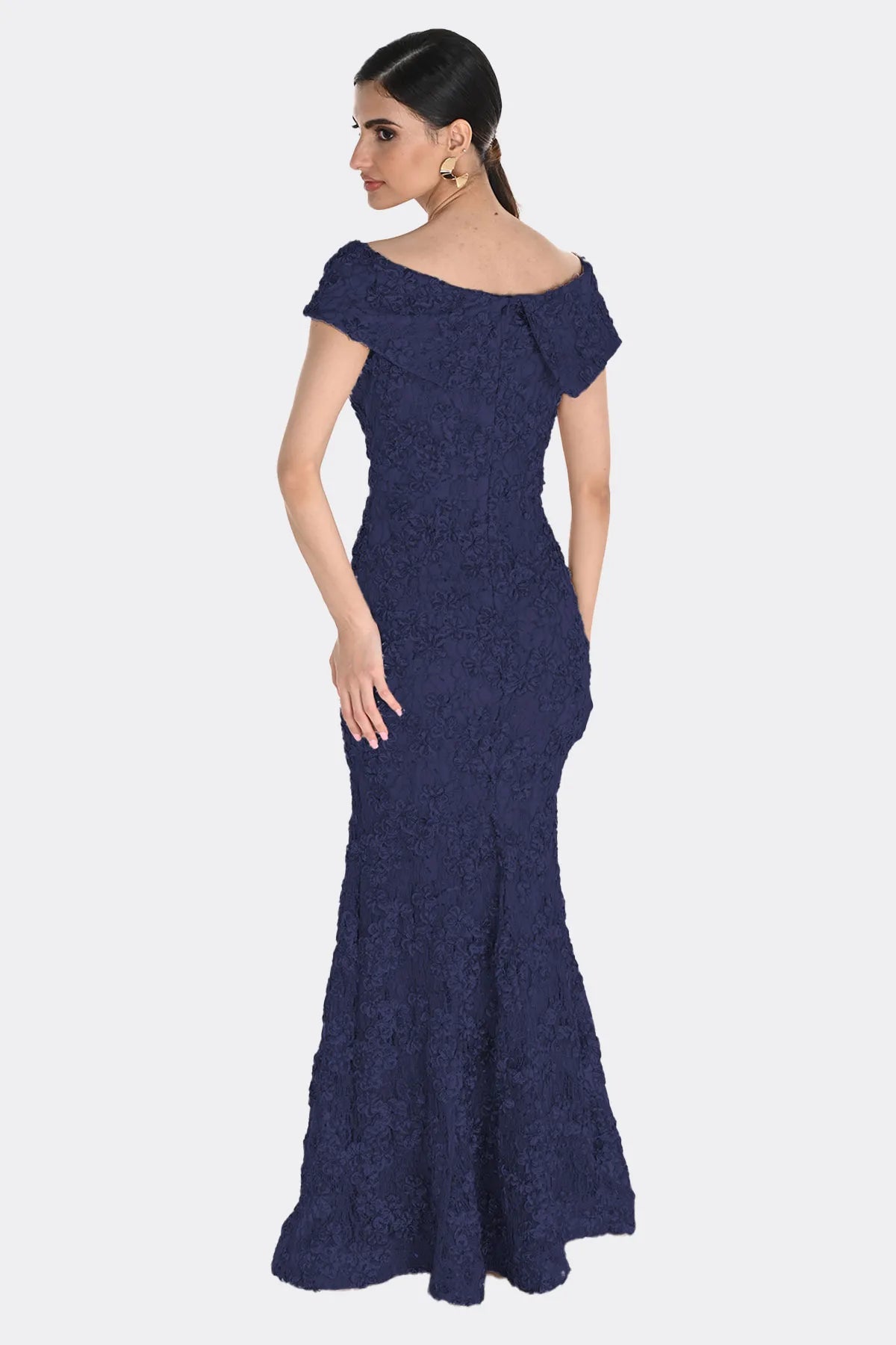 Embroidered Lace Sequin Gown in Navy