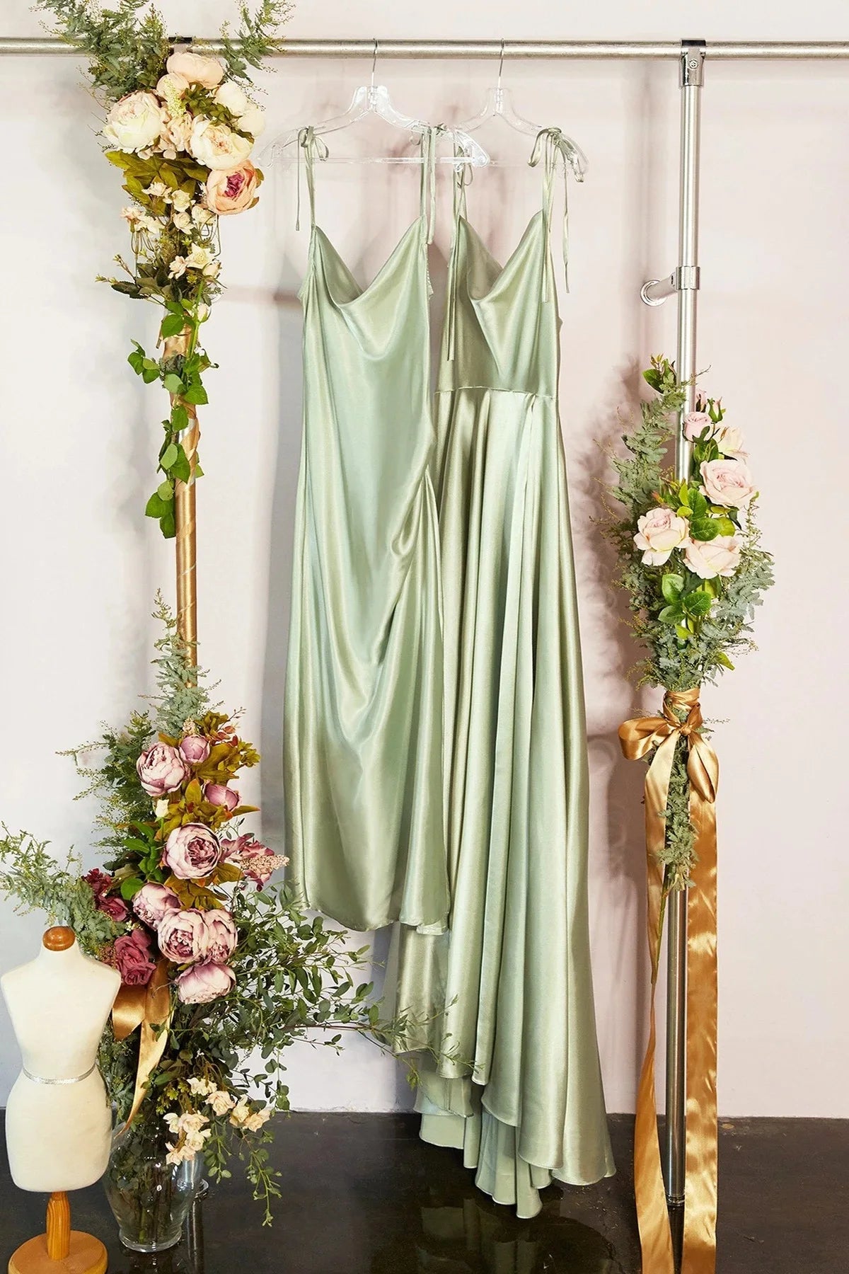 Simple Cowl Neck Satin Gown With Spaghetti Straps in Dusty Green