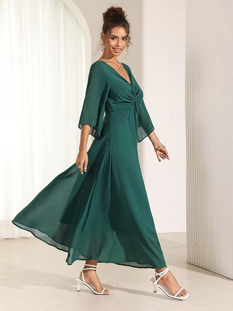 Chiffon Fit & Flare Maxi Dress in Forest Green