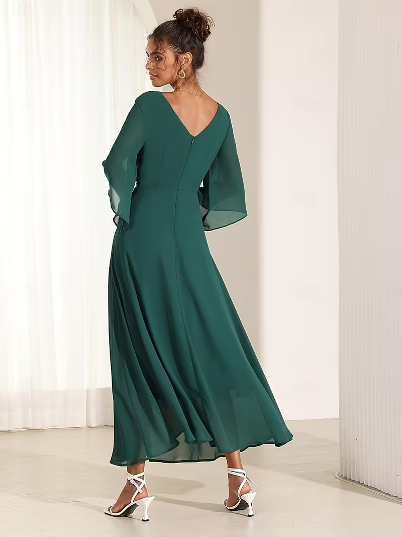 Chiffon Fit & Flare Maxi Dress in Forest Green
