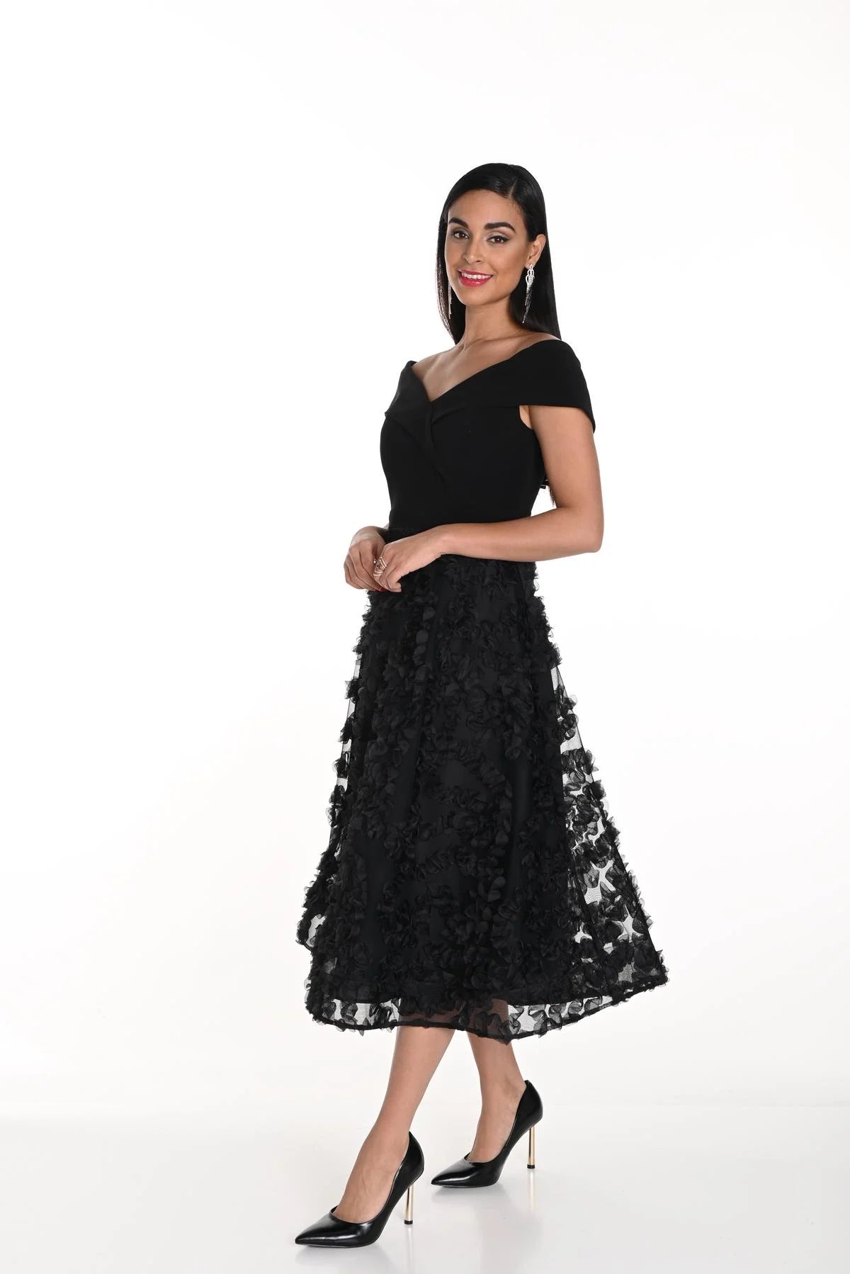 Knit & Tulle Full Skirt Dress in Black 249420U