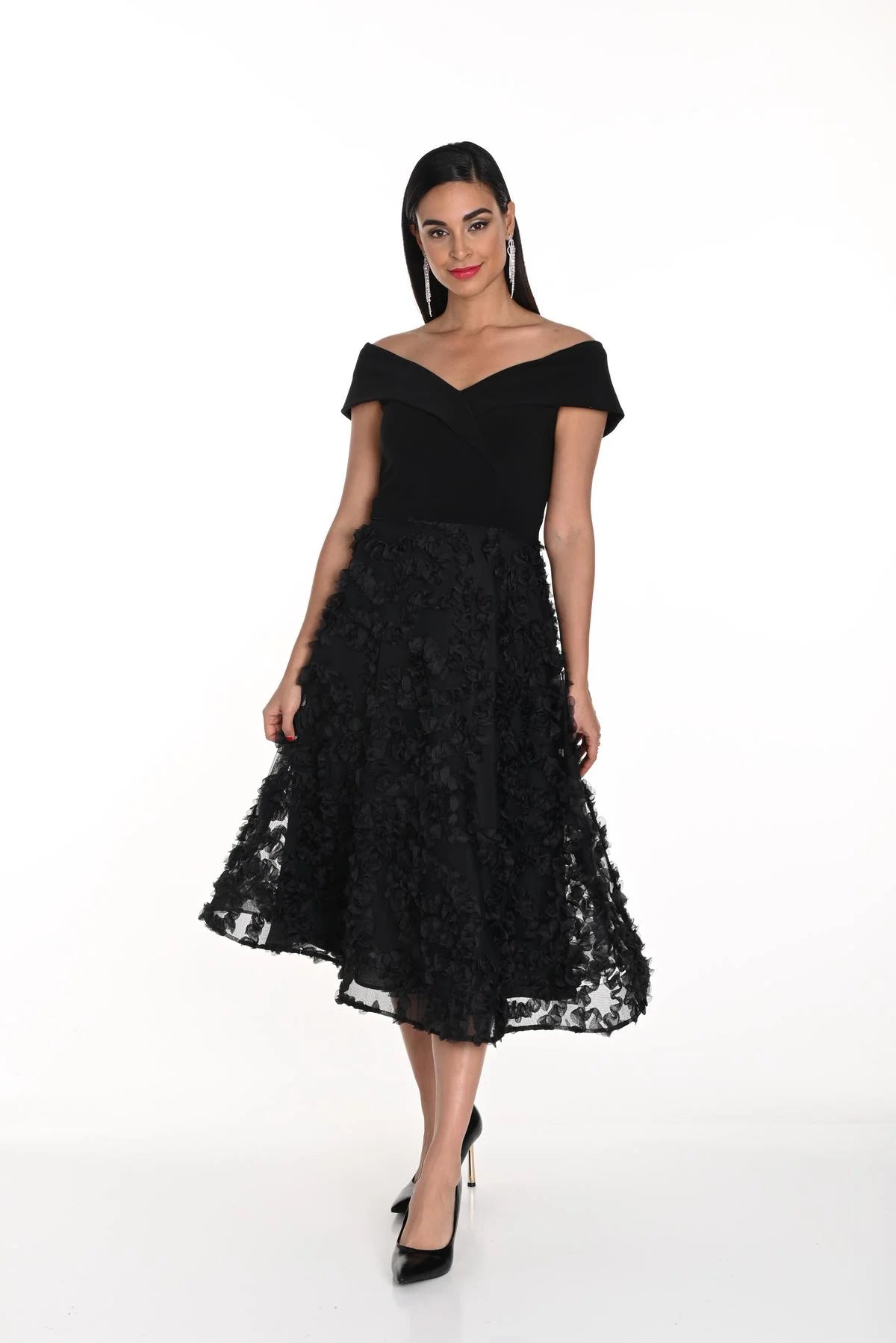 Knit & Tulle Full Skirt Dress in Black 249420U