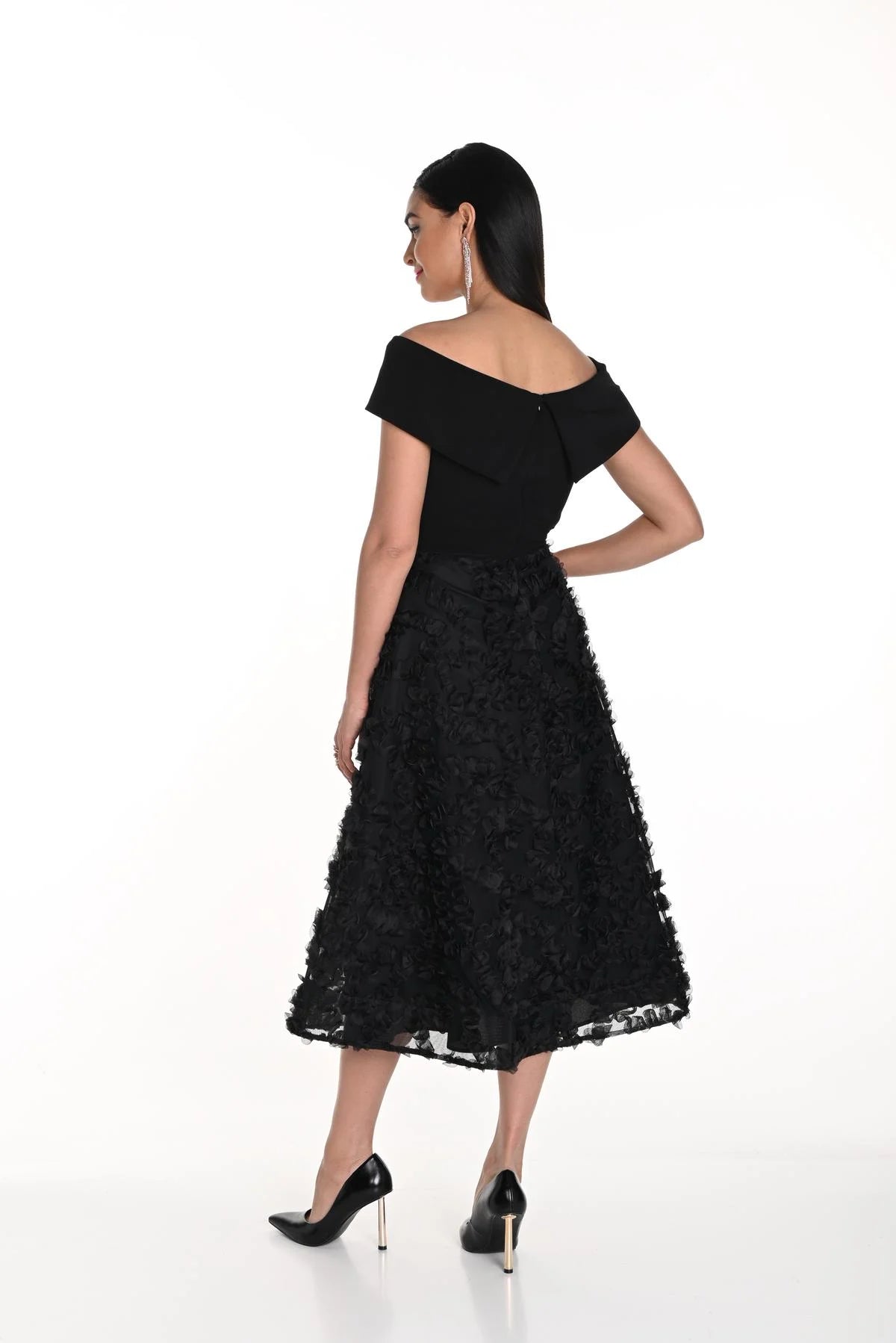 Knit & Tulle Full Skirt Dress in Black 249420U