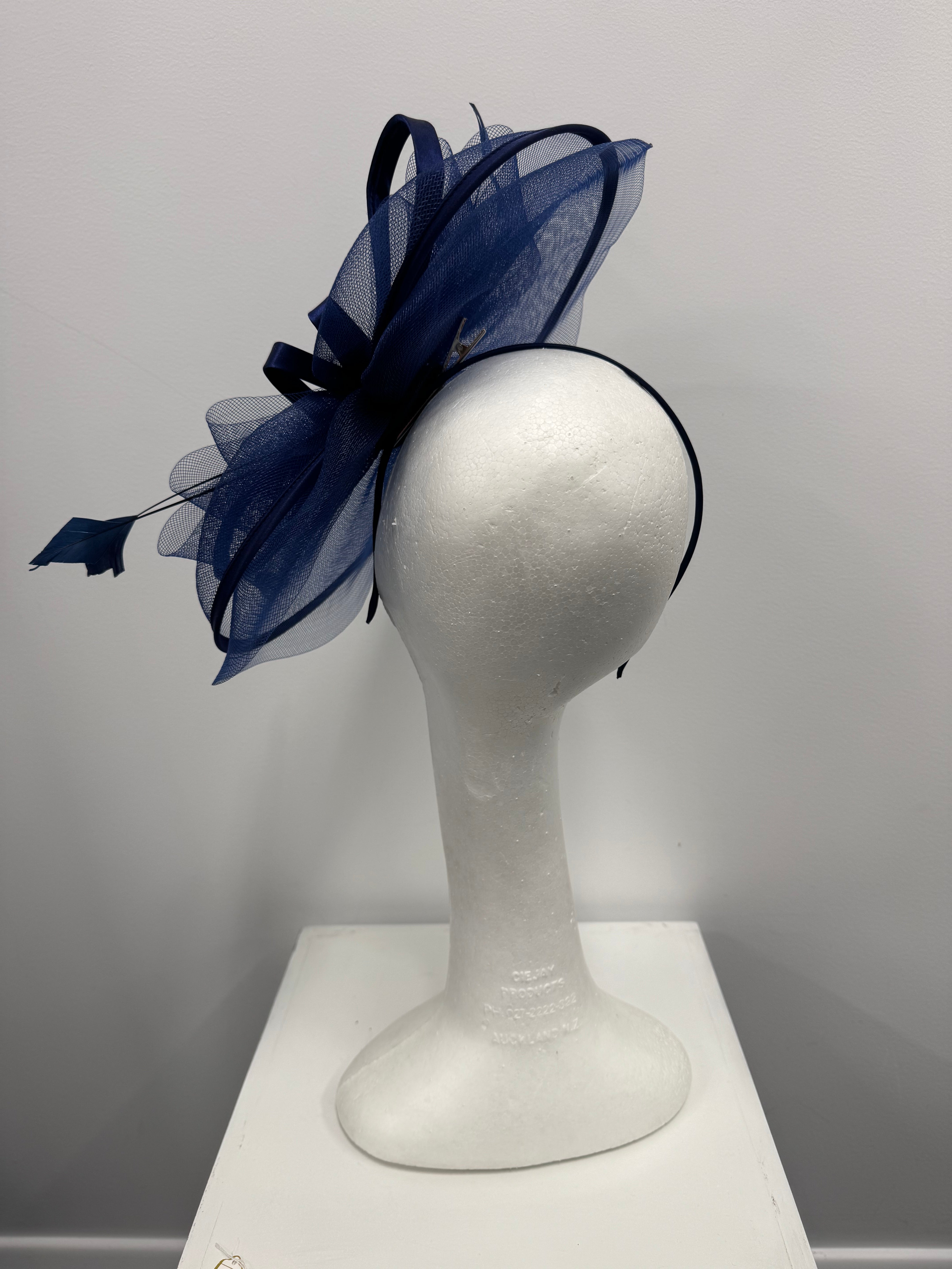 Navy Feather and Bow Fascinator