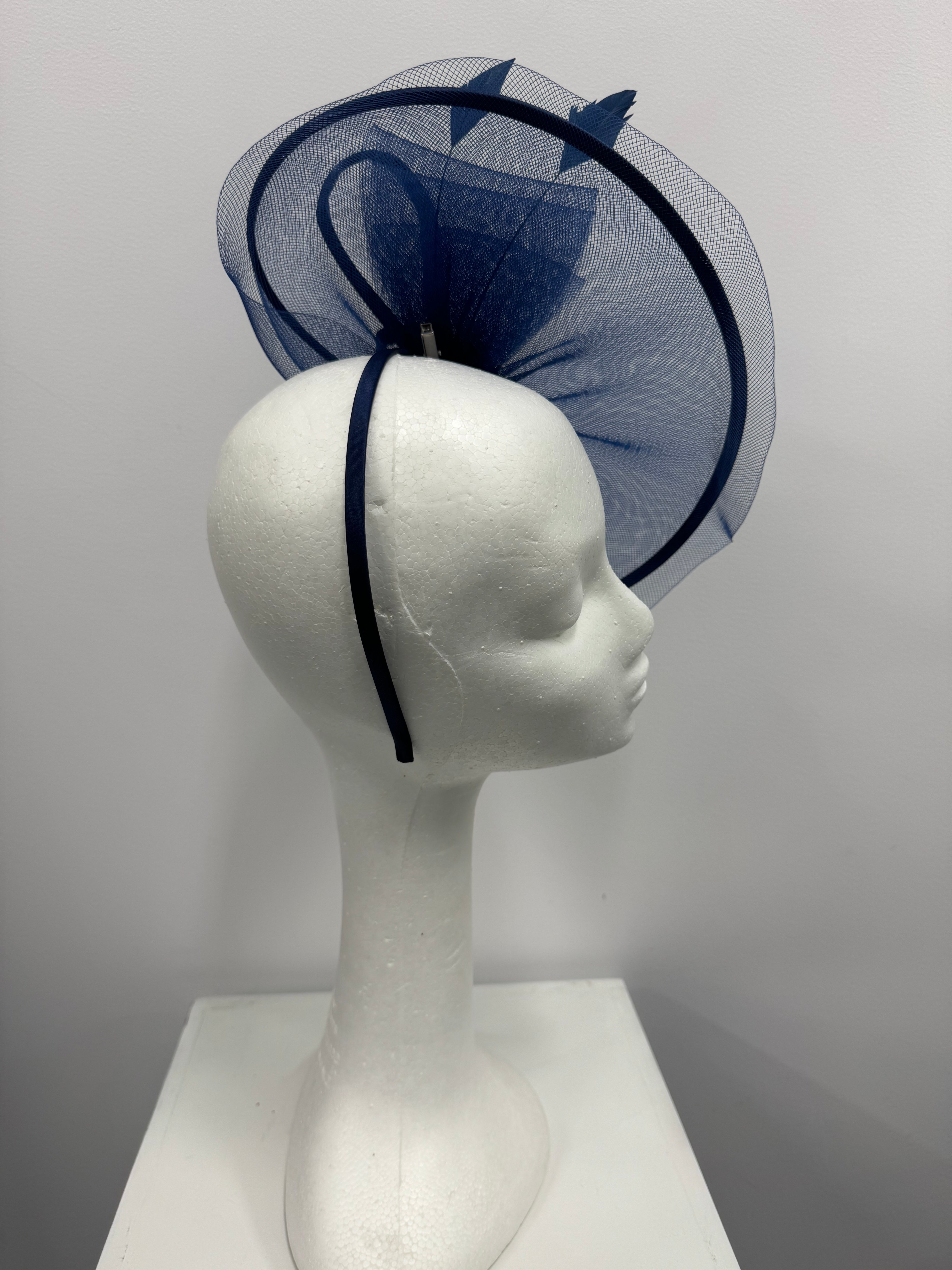 Navy Feather and Bow Fascinator