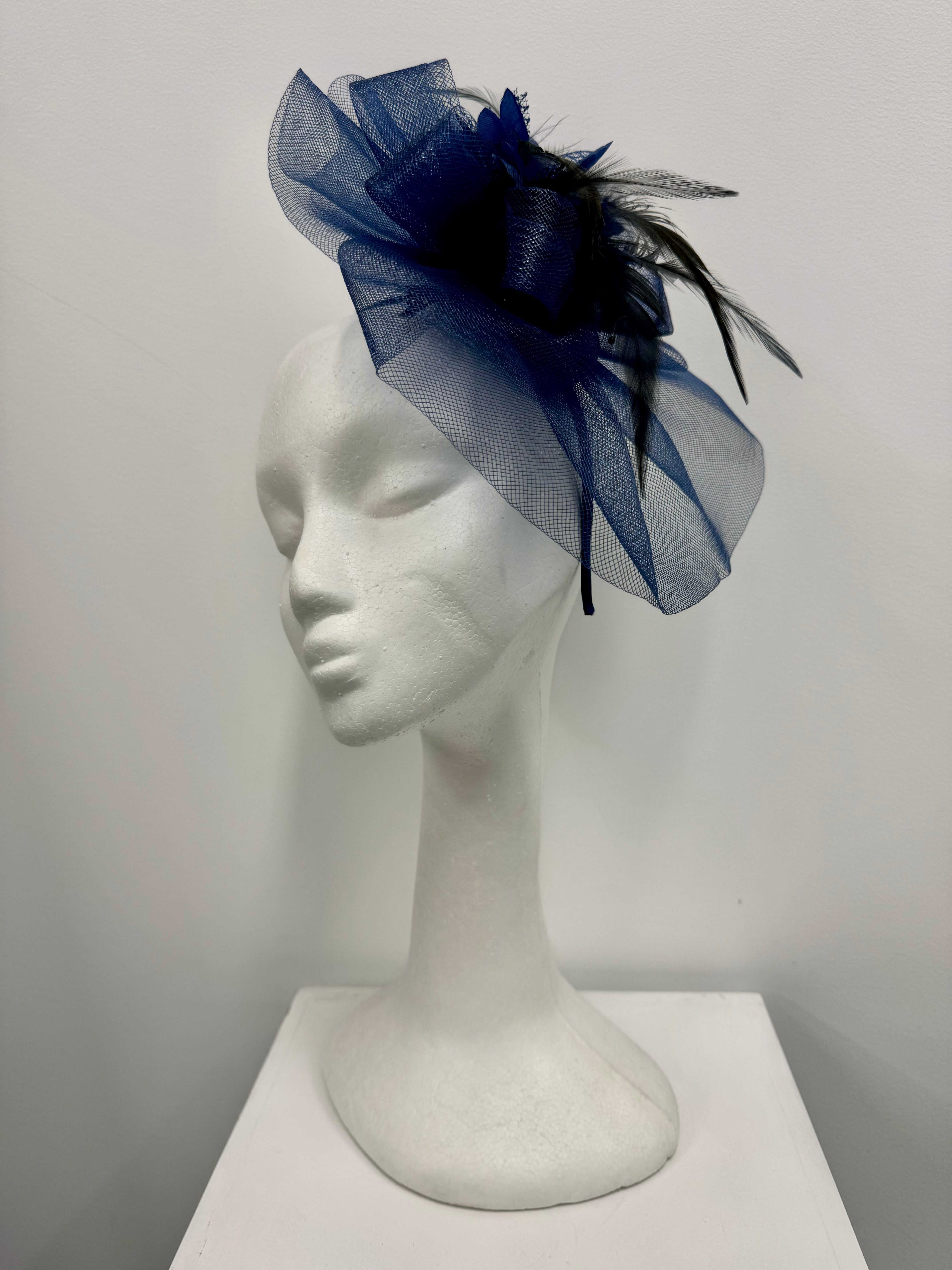 Navy Flower and Feather Fascinator