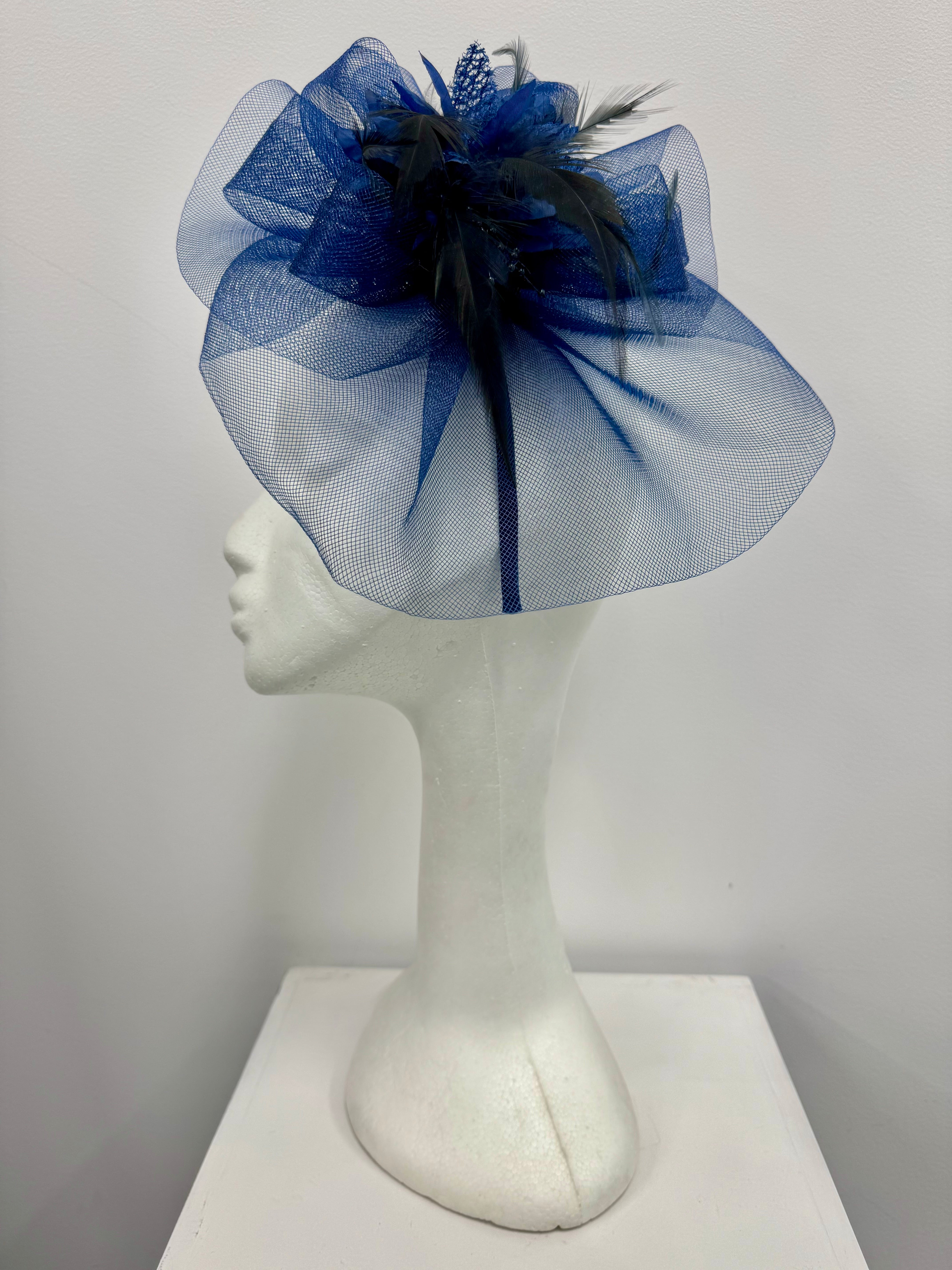 Navy Flower and Feather Fascinator