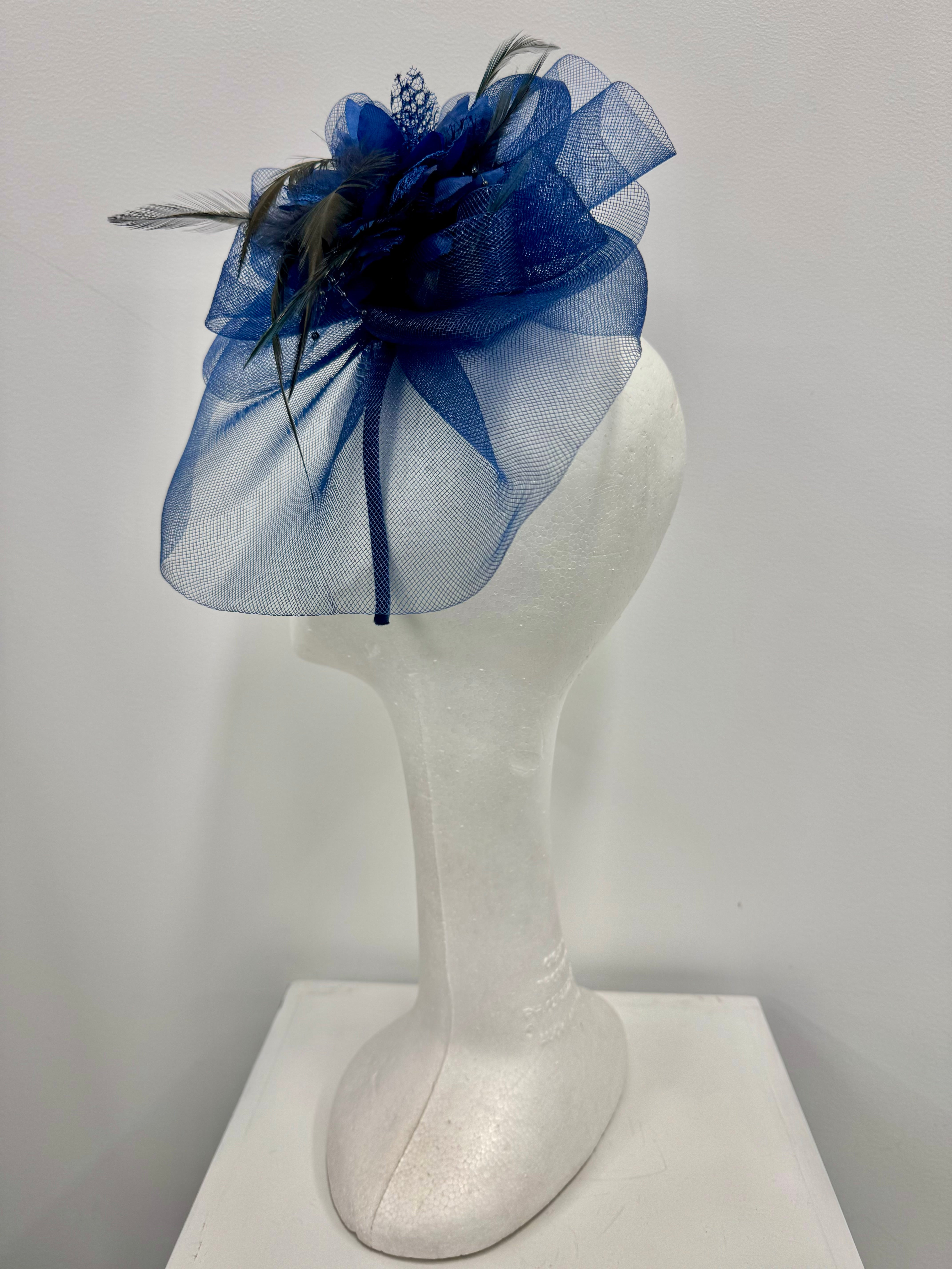 Navy Flower and Feather Fascinator