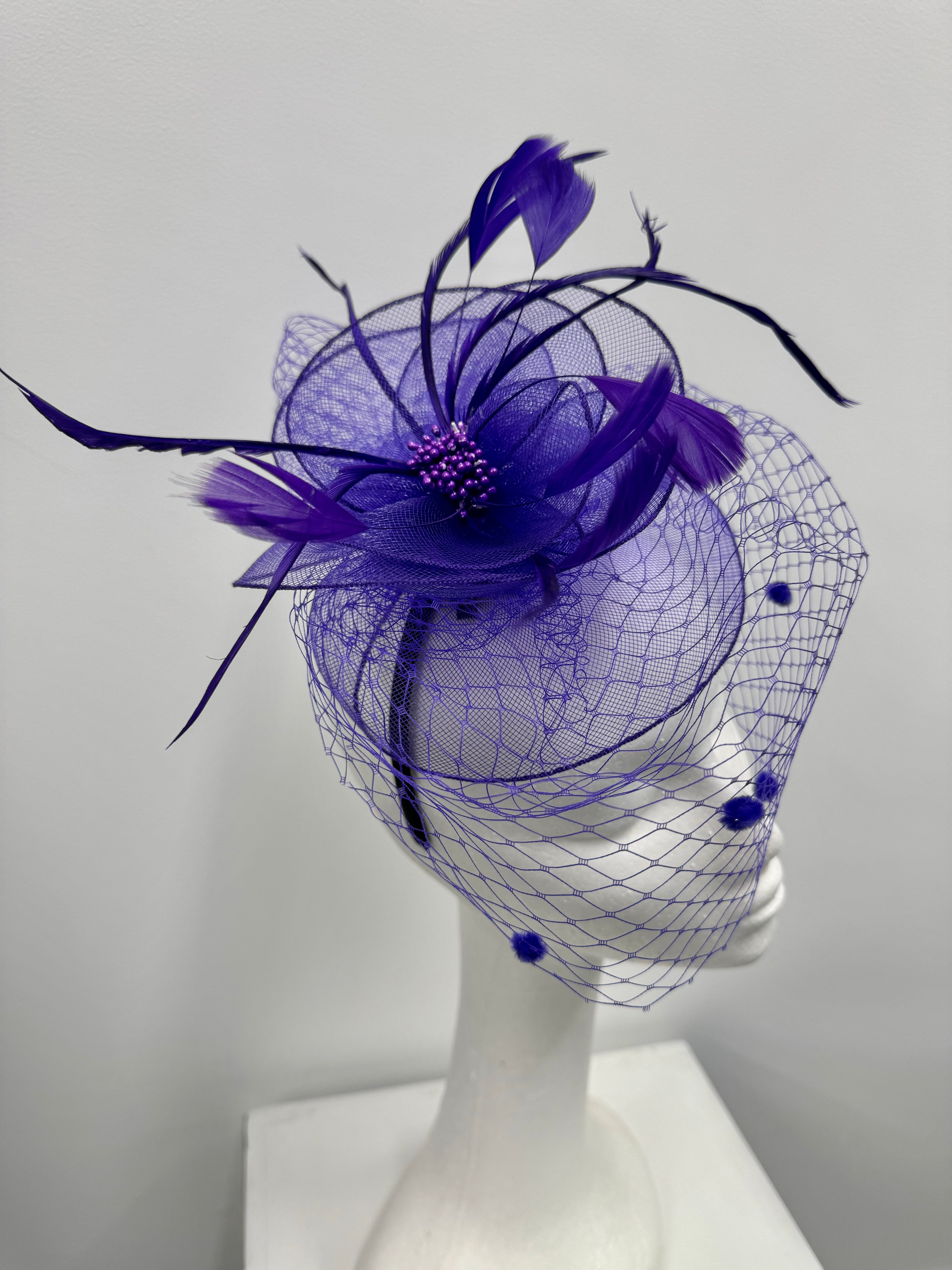 Purple Feather and Veil Fascinator