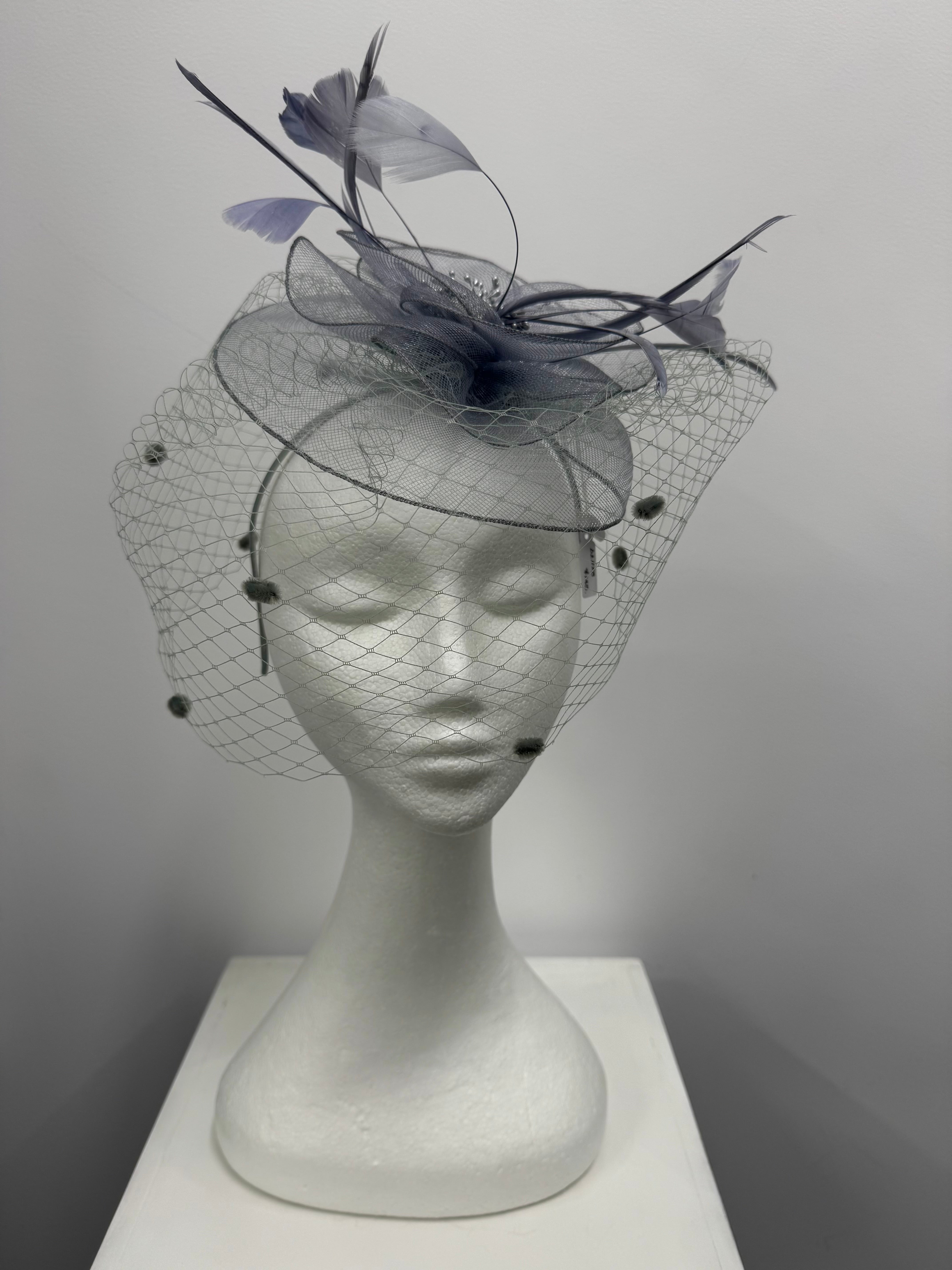 Grey Feather and Veil Fascinator