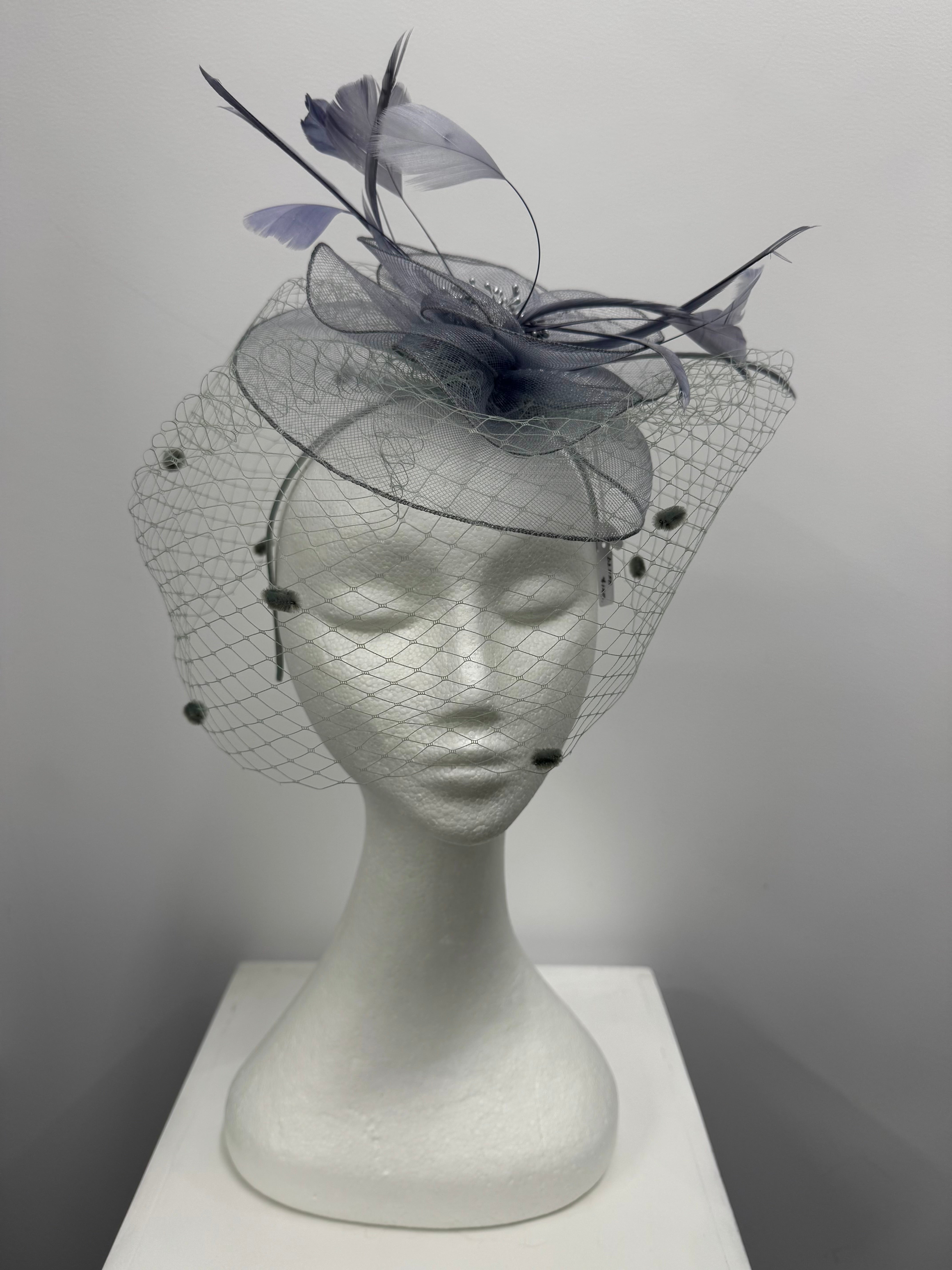 Grey Feather and Veil Fascinator