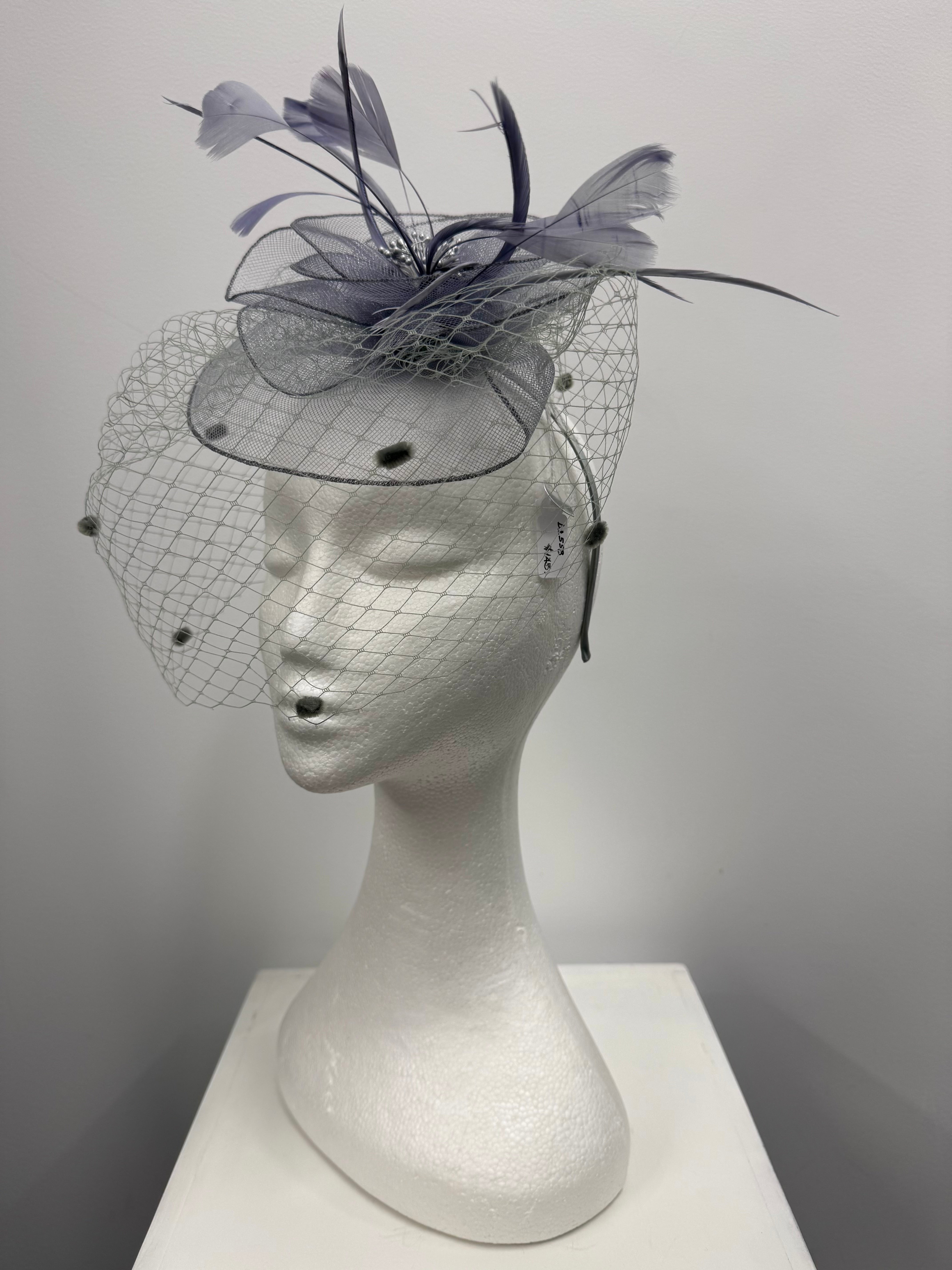 Grey Feather and Veil Fascinator