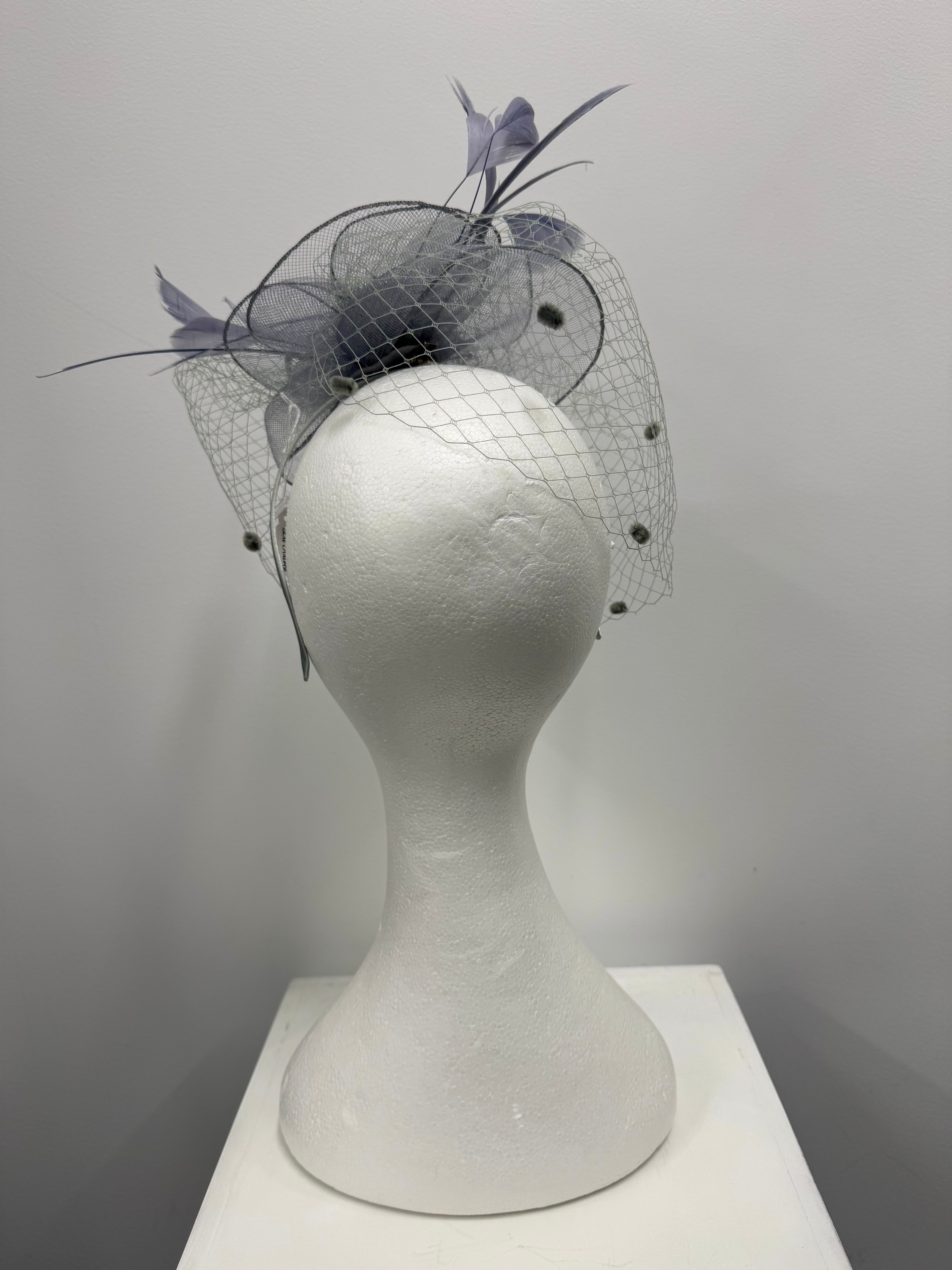 Grey Feather and Veil Fascinator