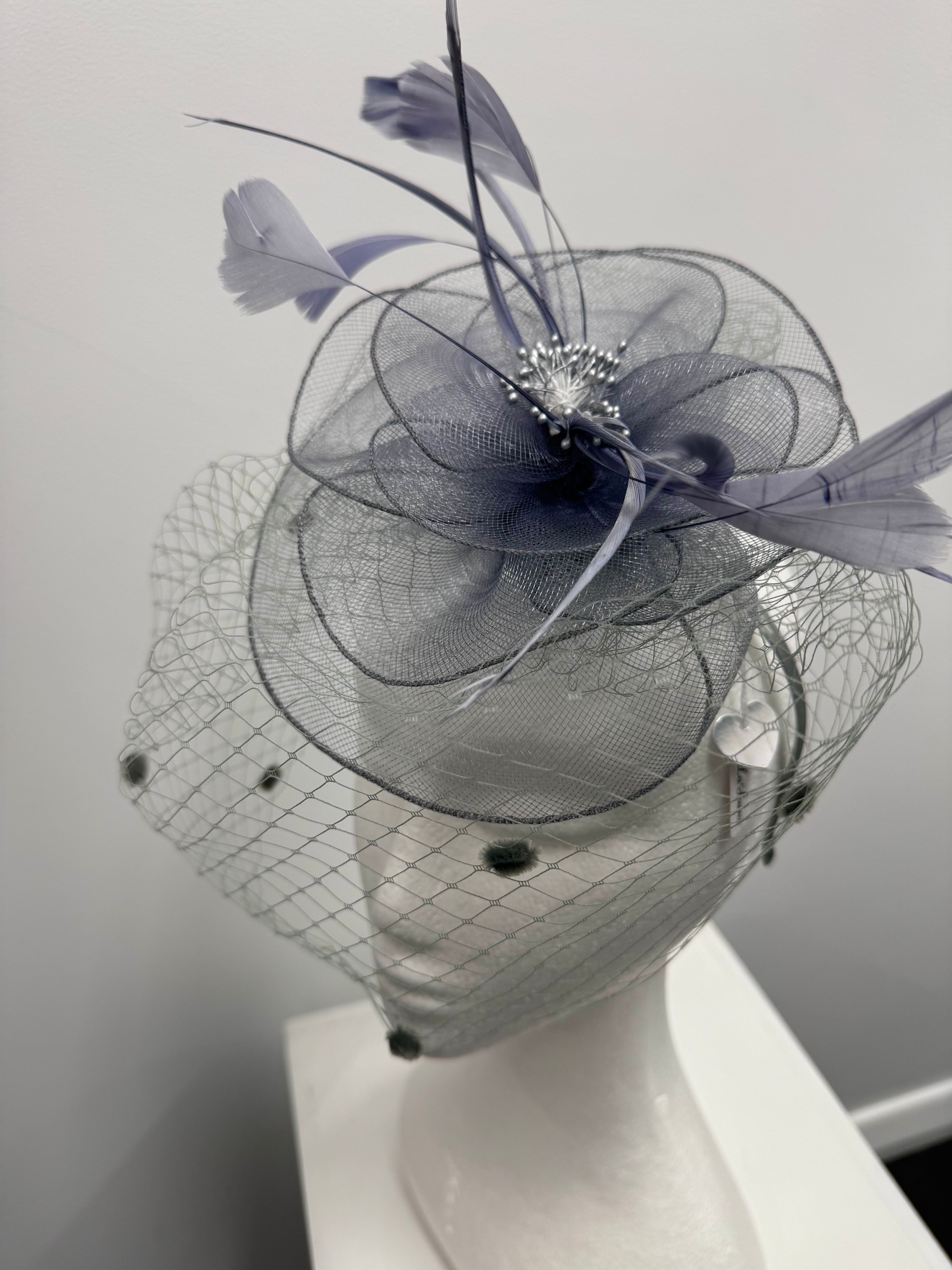 Grey Feather and Veil Fascinator