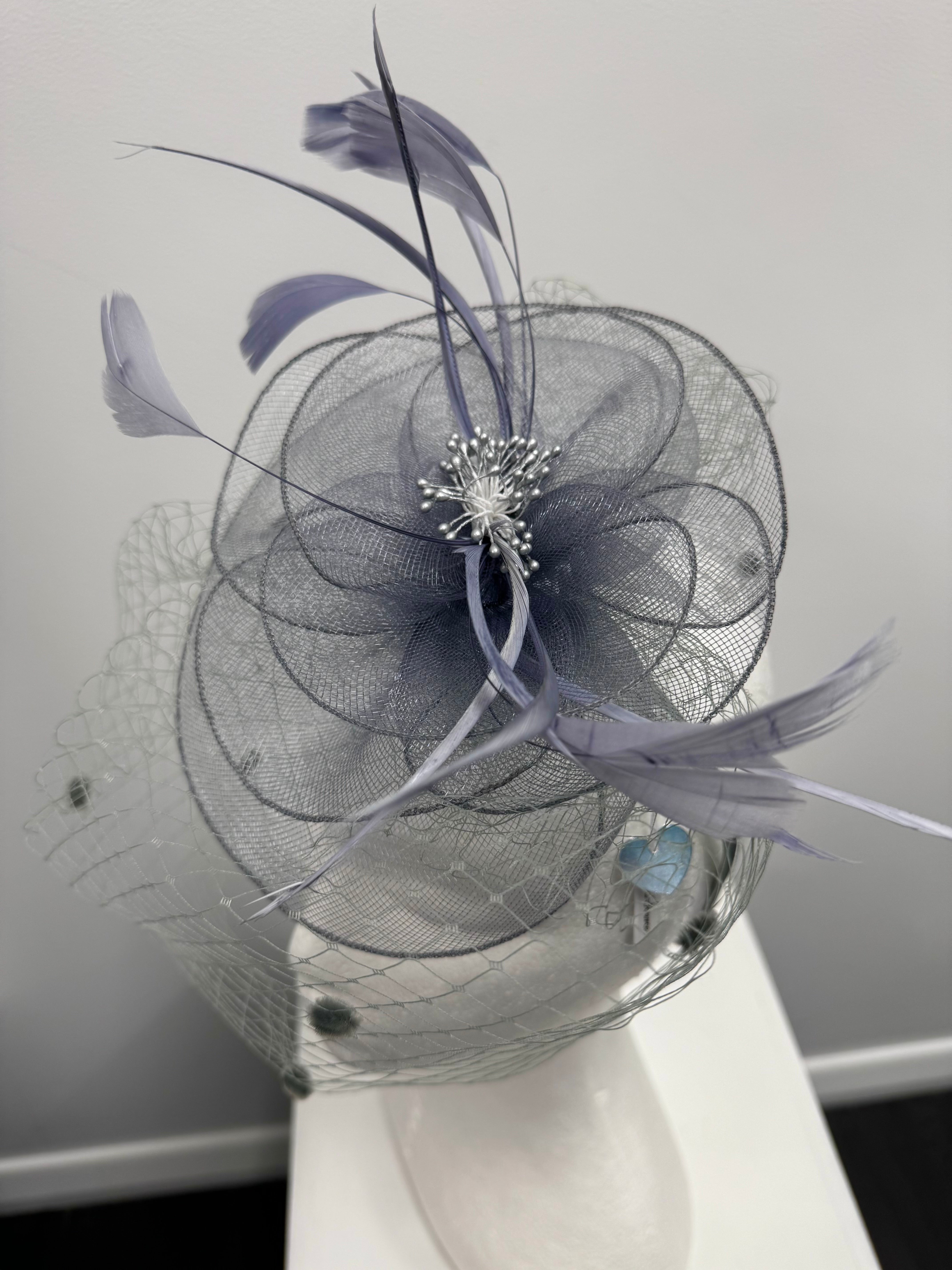 Grey Feather and Veil Fascinator