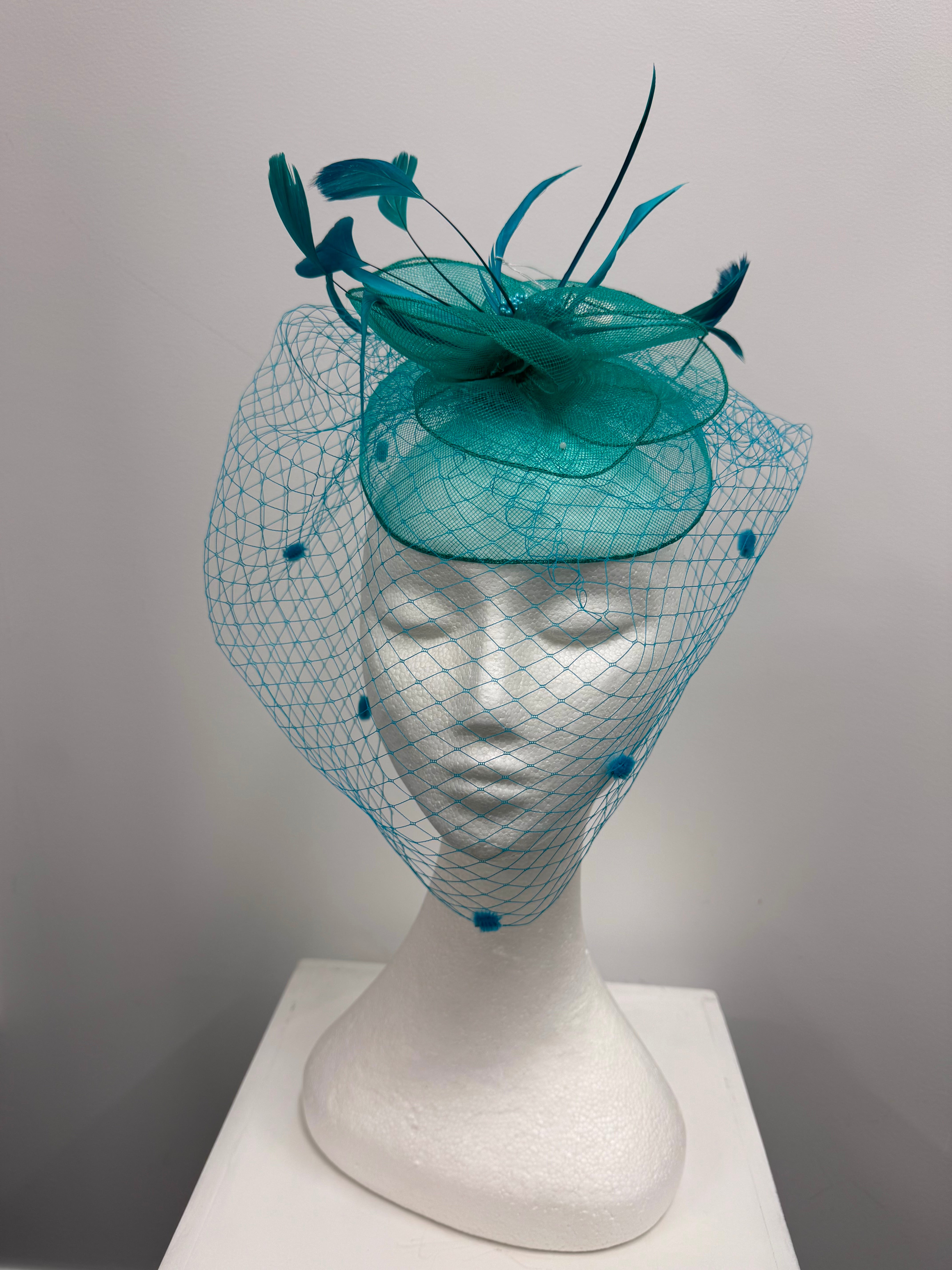 Teal Feather and Veil Fascinator