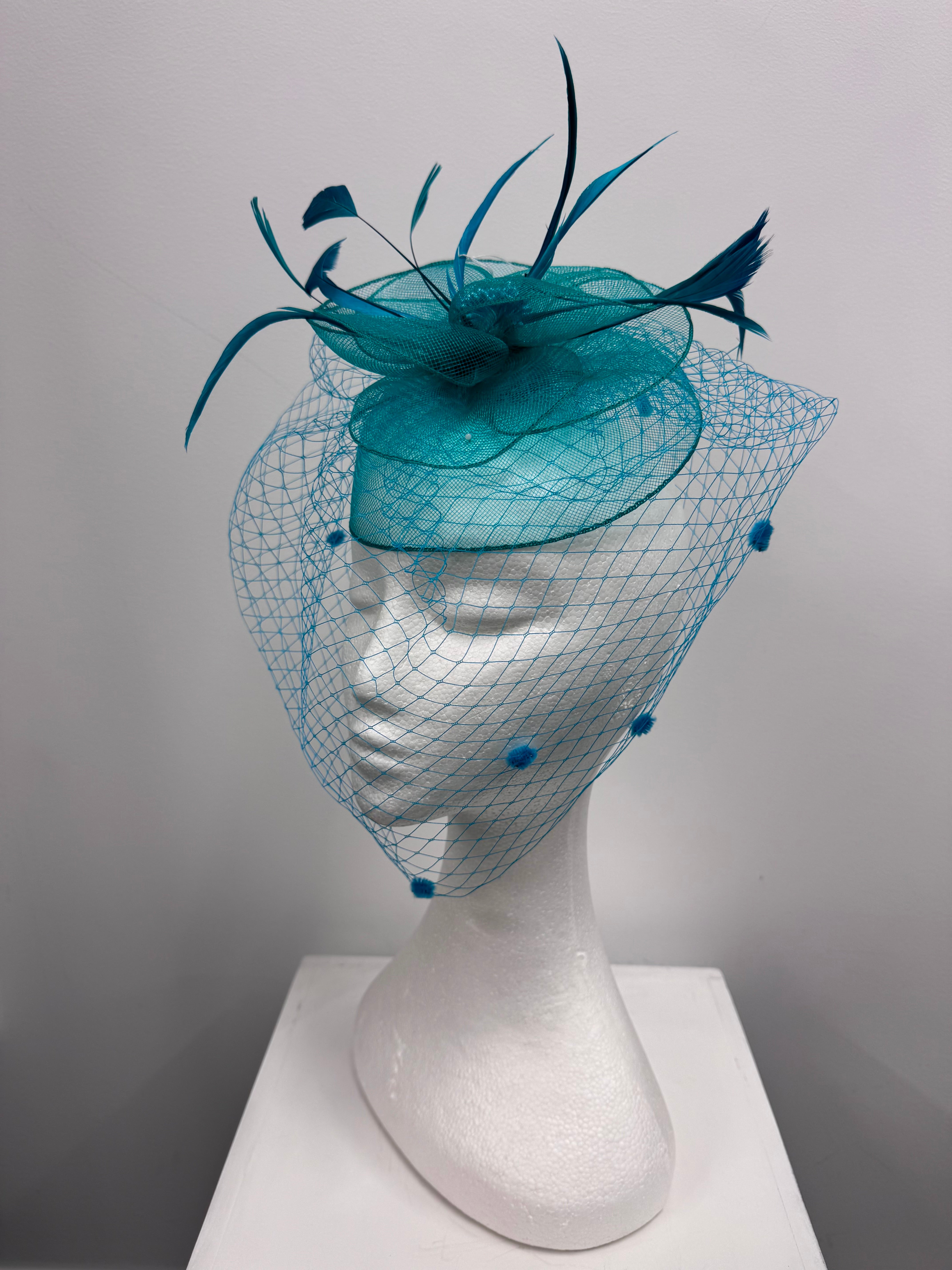 Teal Feather and Veil Fascinator