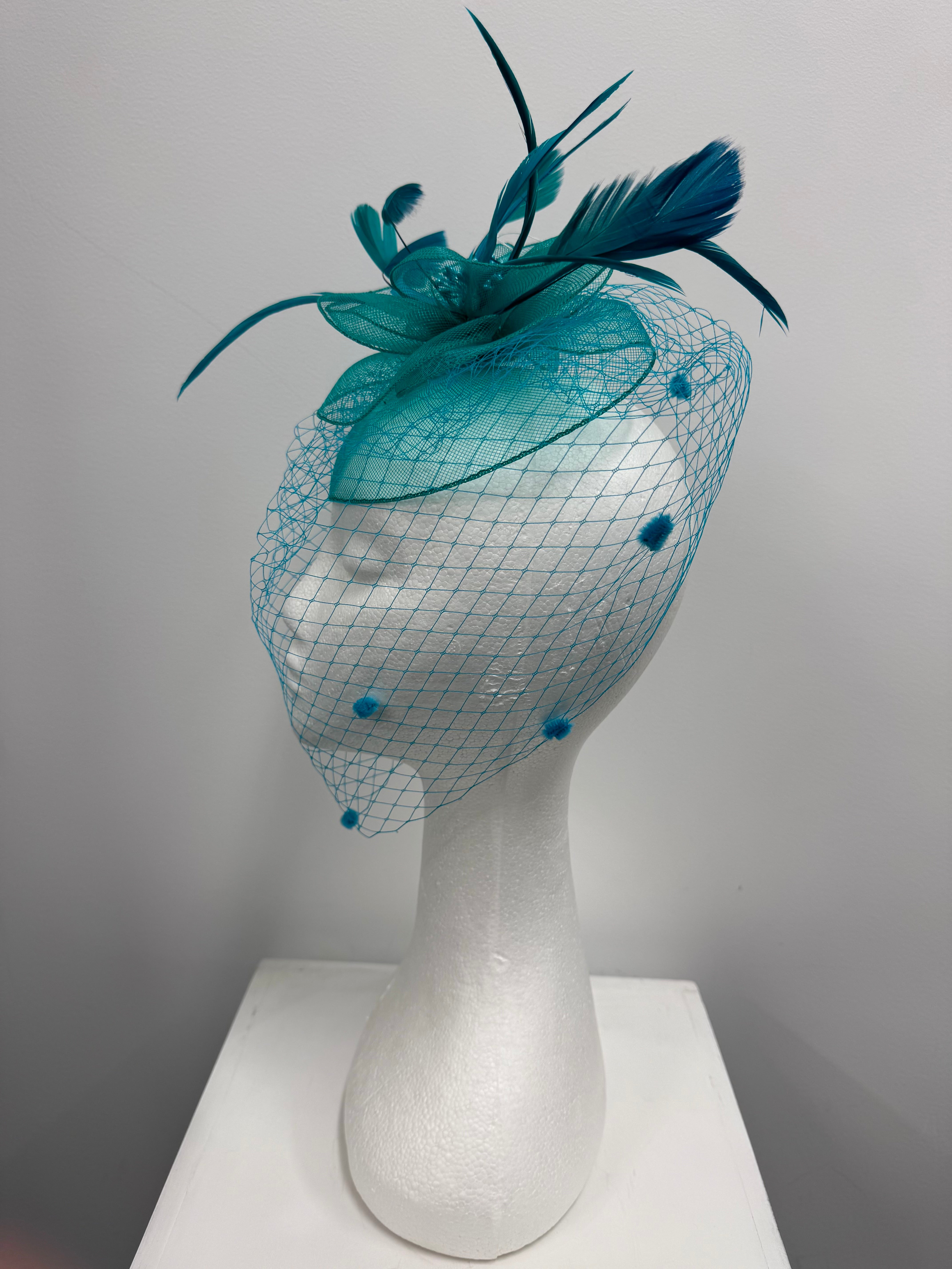 Teal Feather and Veil Fascinator