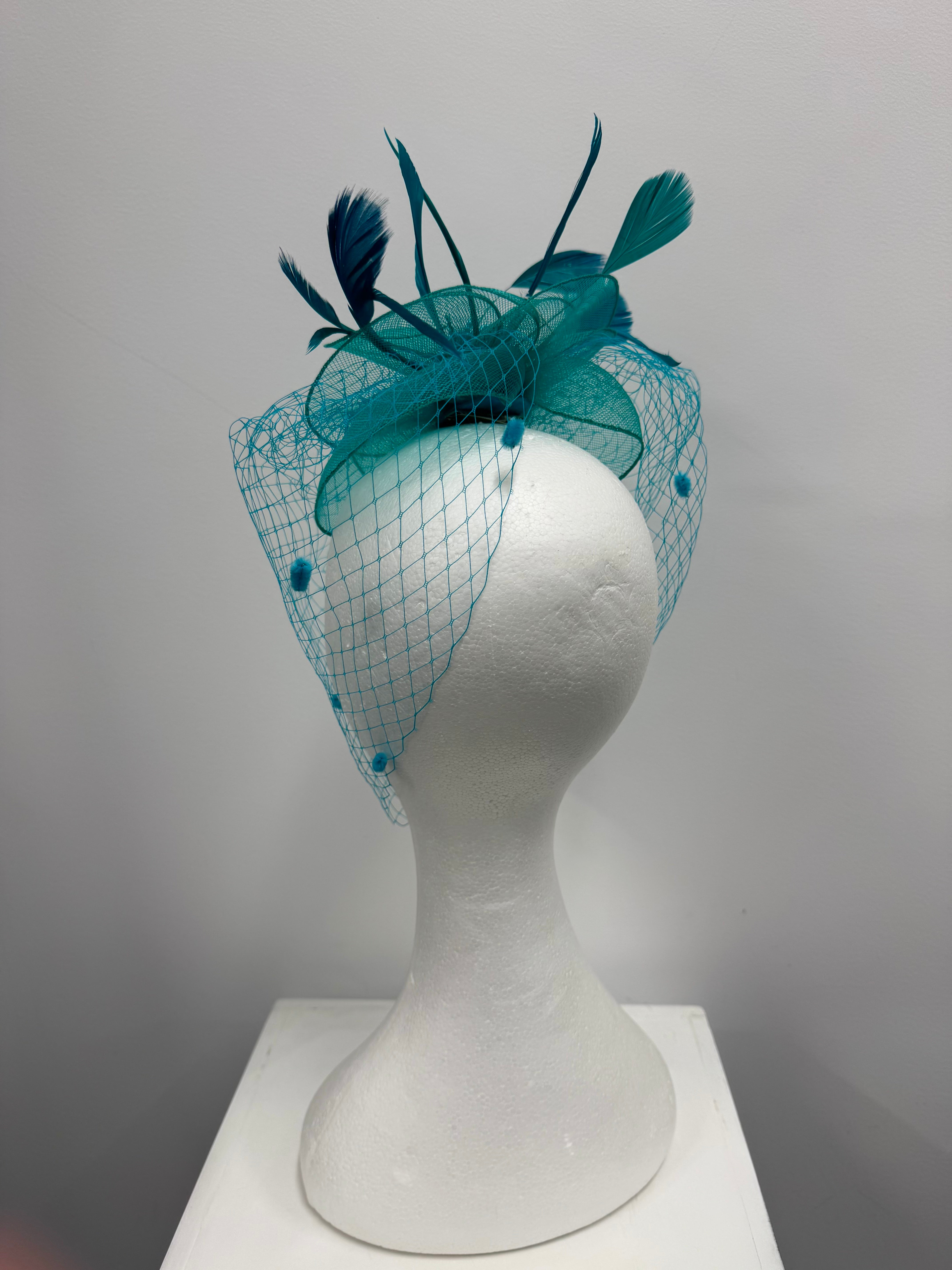 Teal Feather and Veil Fascinator