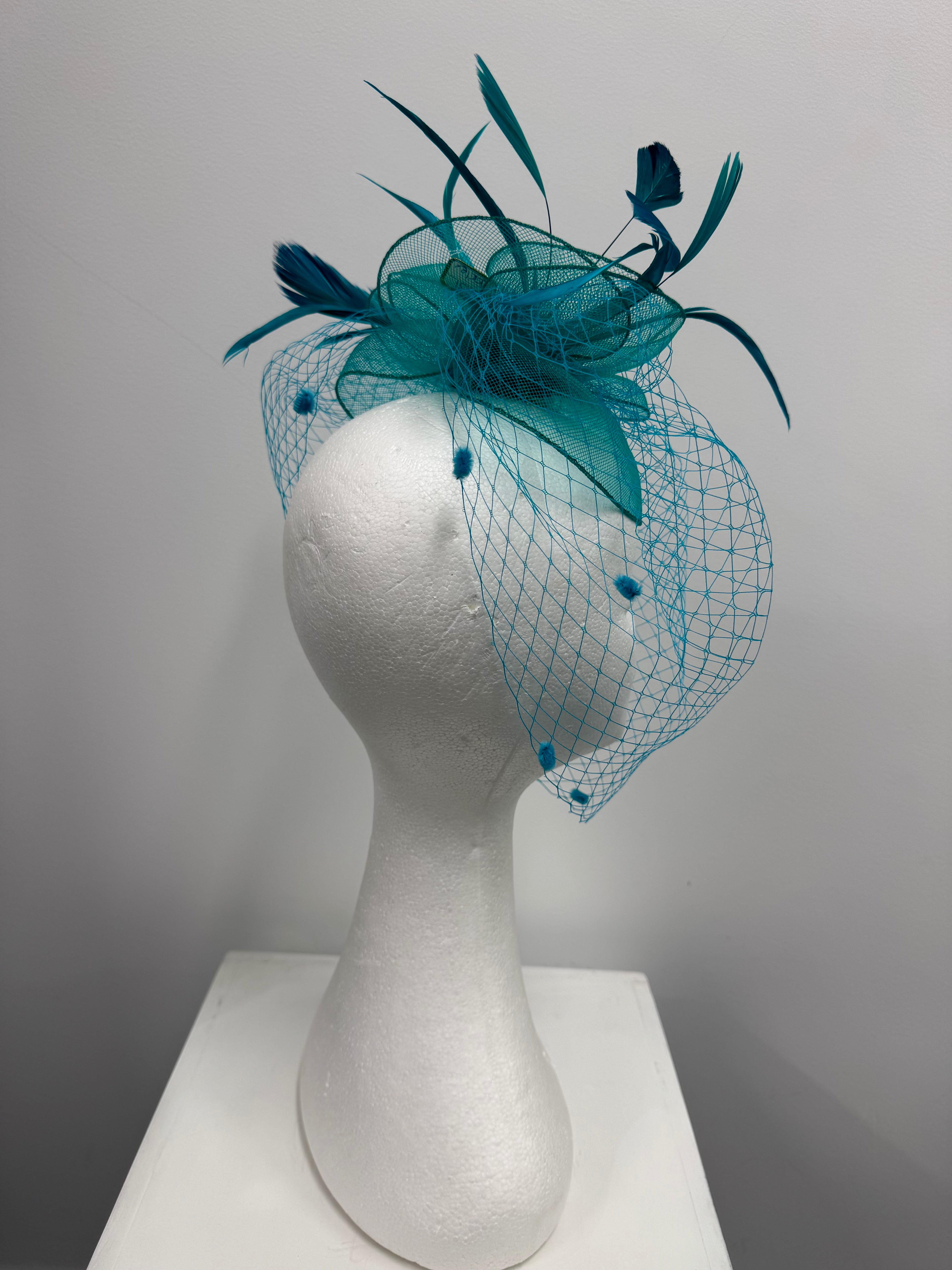 Teal Feather and Veil Fascinator