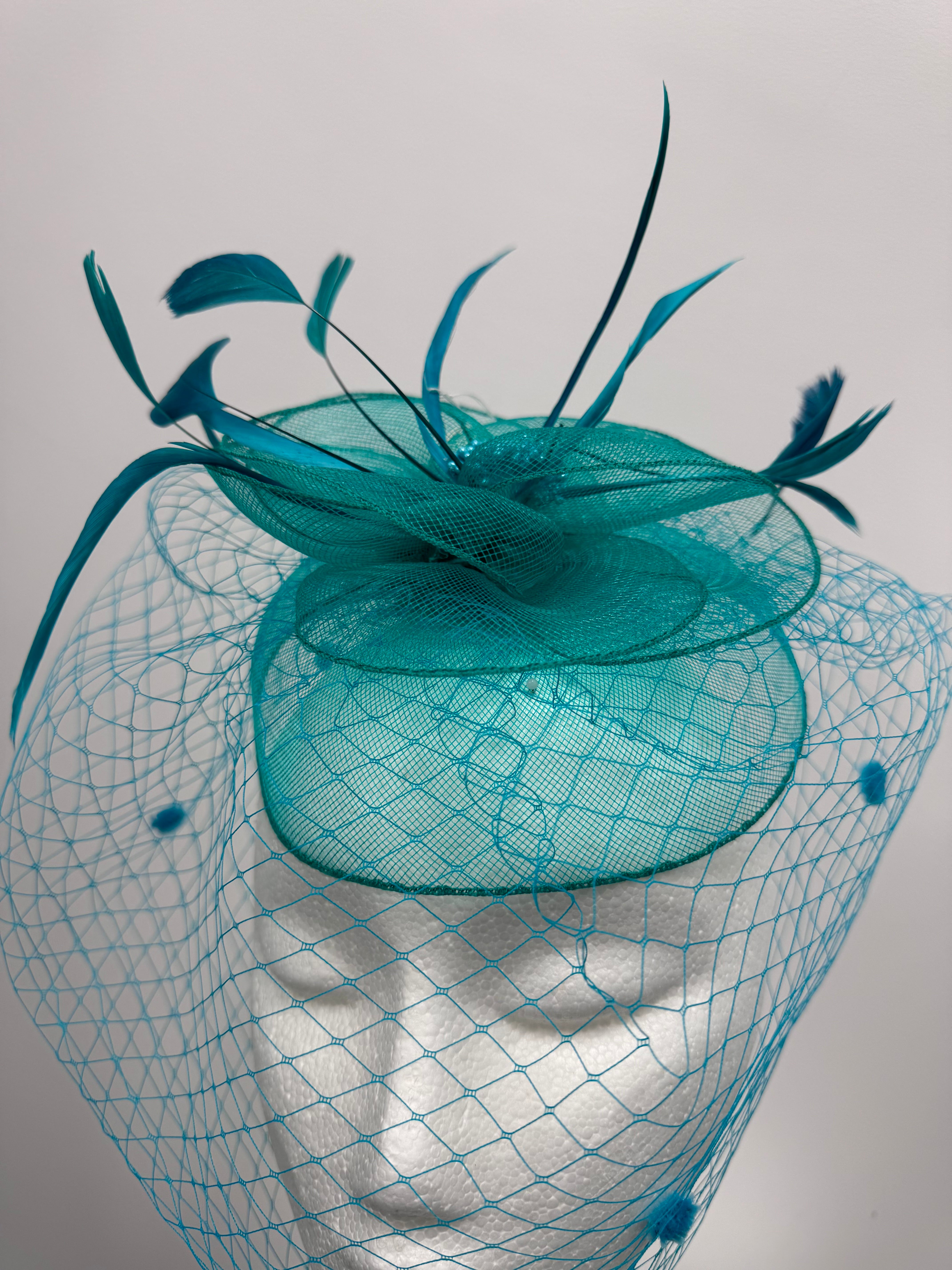 Teal Feather and Veil Fascinator