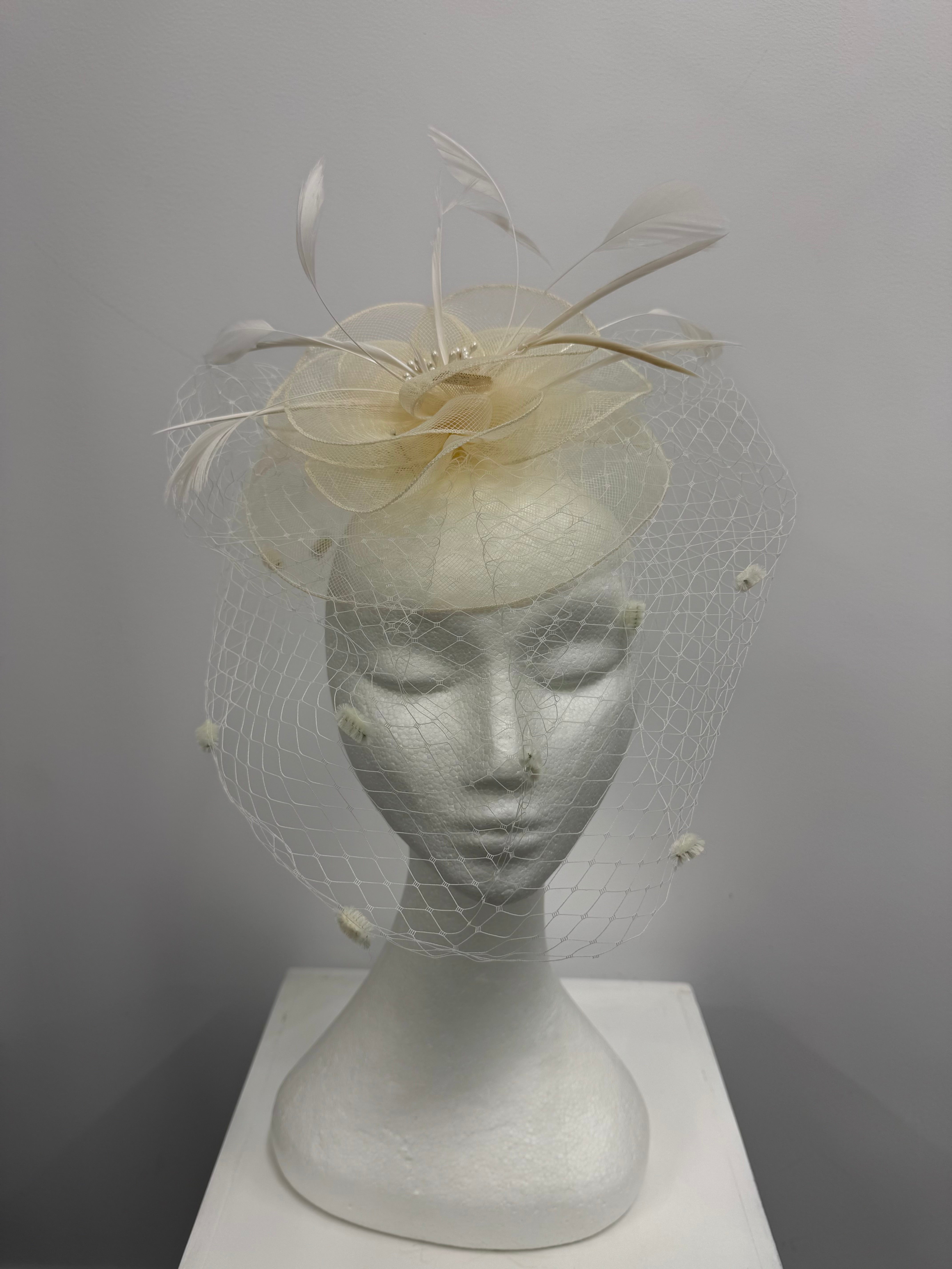 Cream Feather and Veil Fascinator