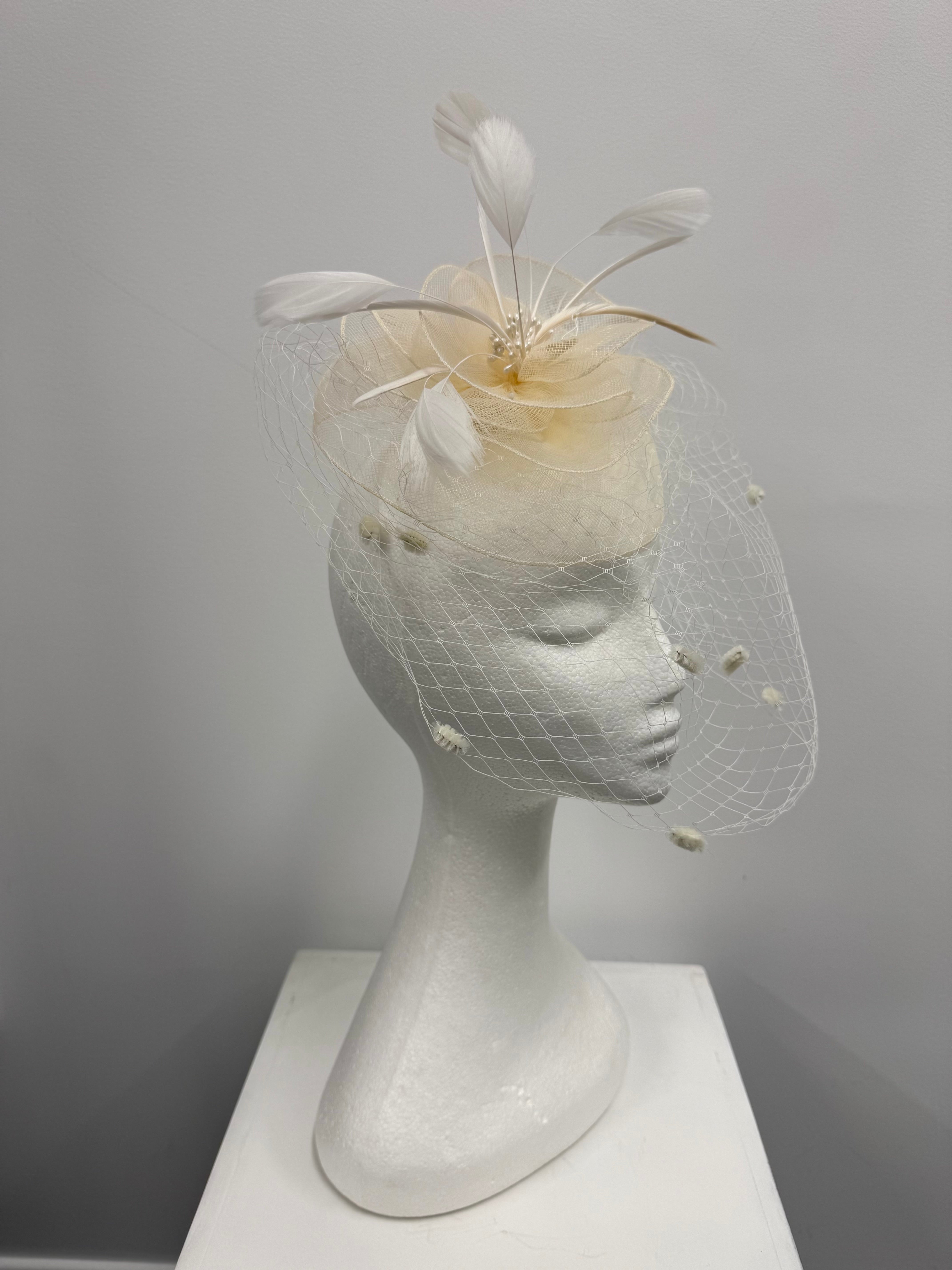 Cream Feather and Veil Fascinator