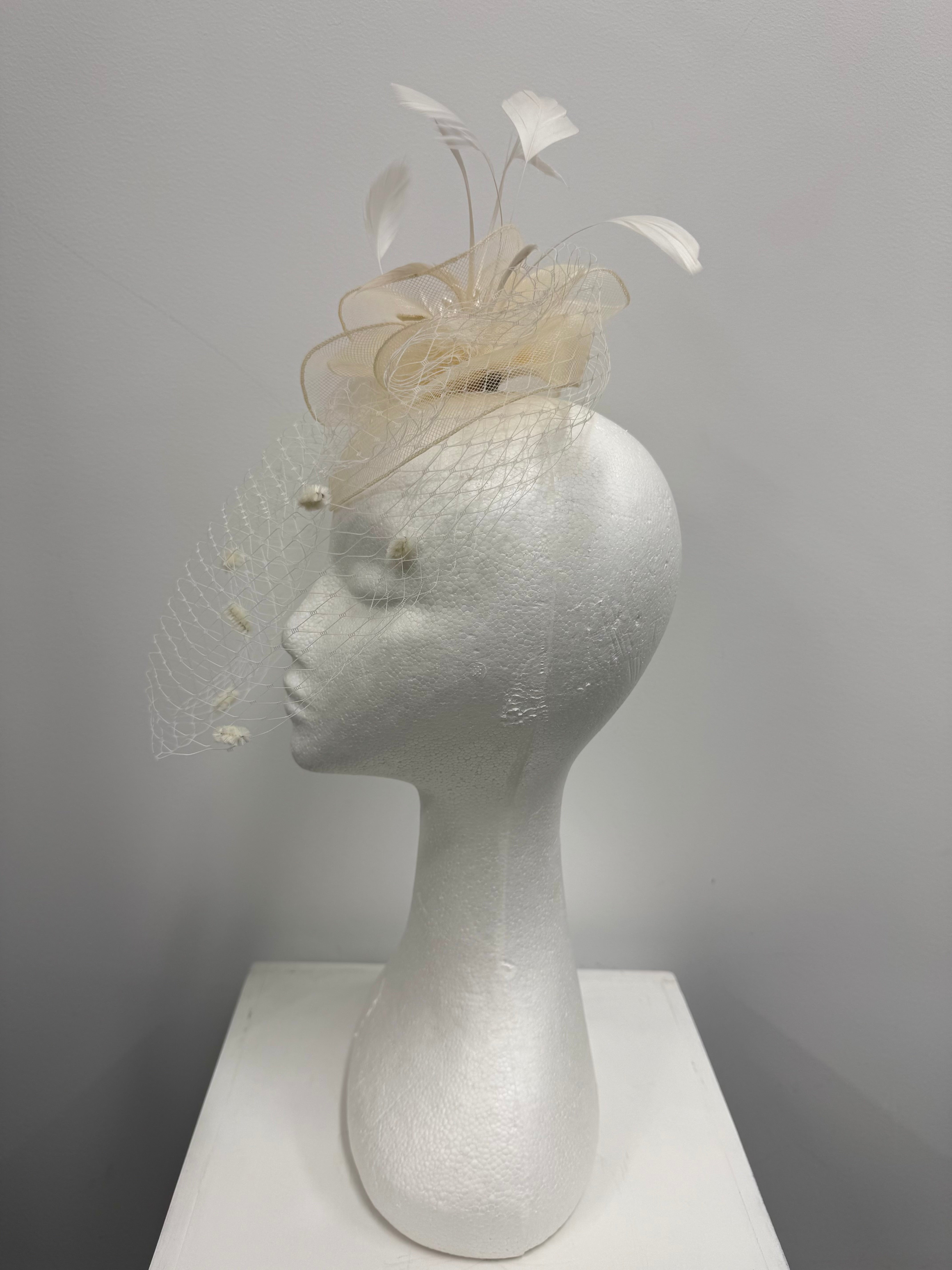 Cream Feather and Veil Fascinator