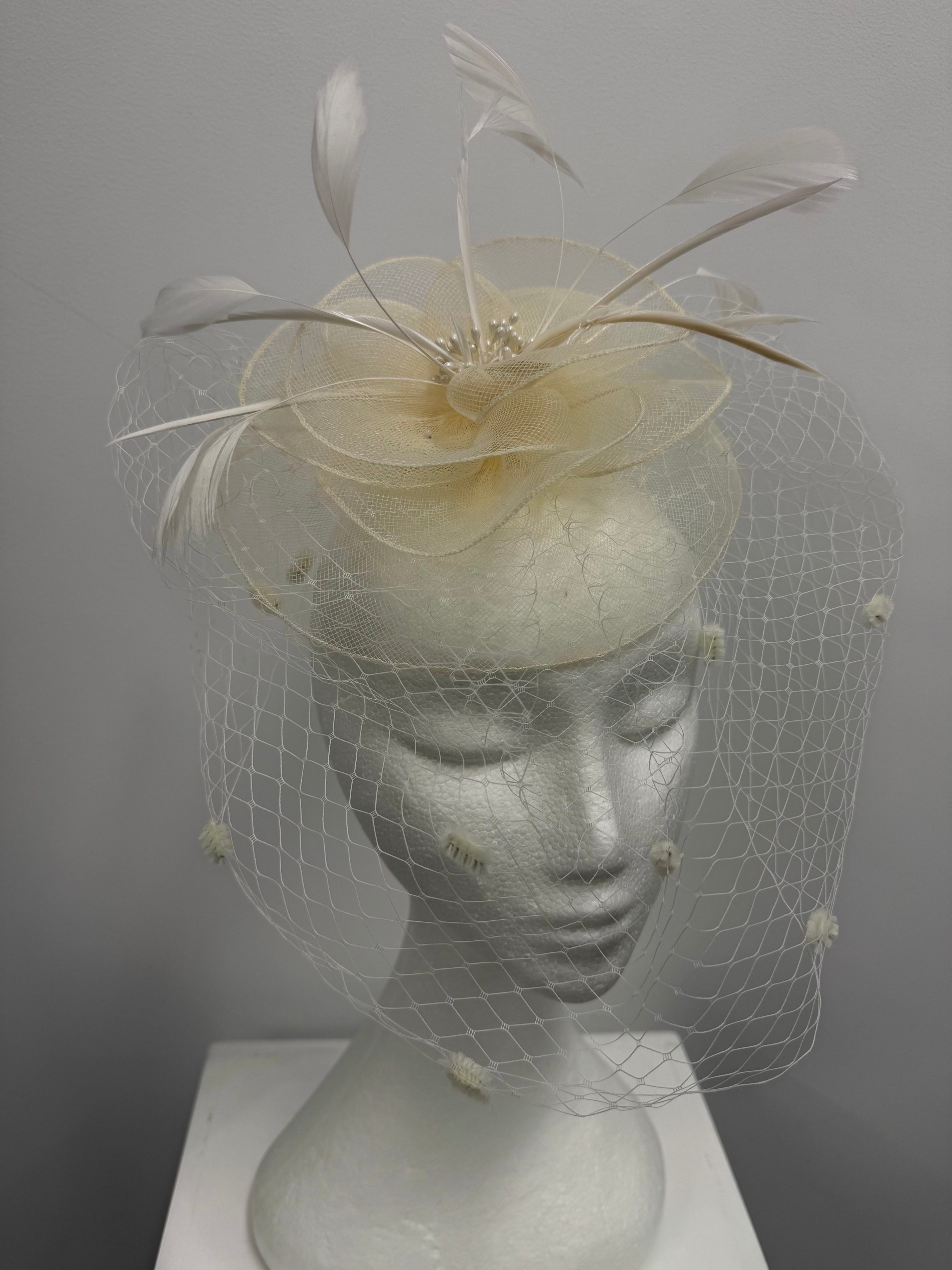 Cream Feather and Veil Fascinator